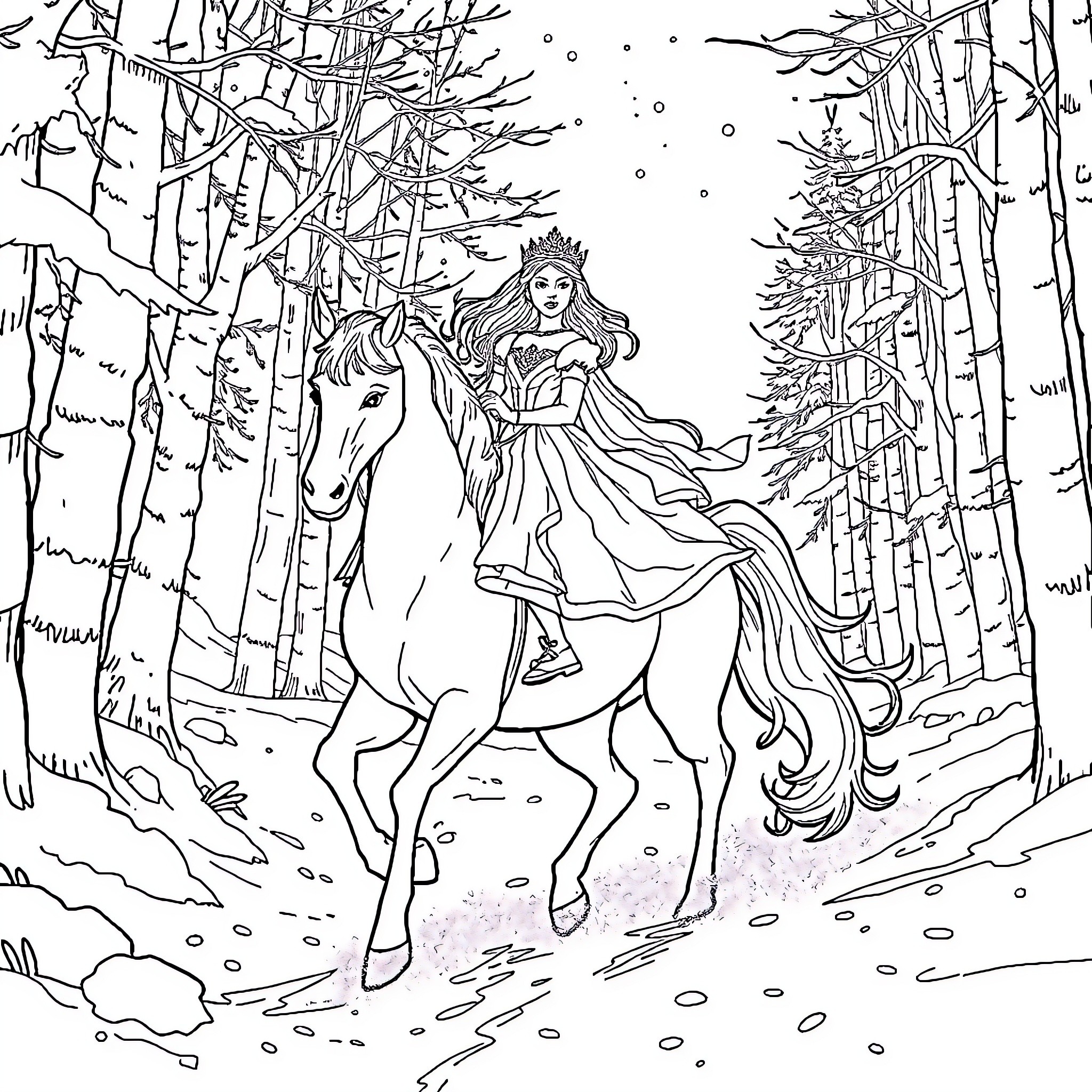 Icequeen's Winter Ride through the Enchanted Forest Coloring Page (free black-and-white line drawing printable PDF for all, from beginners to advanced learners, including children, teens, adults, and seniors)