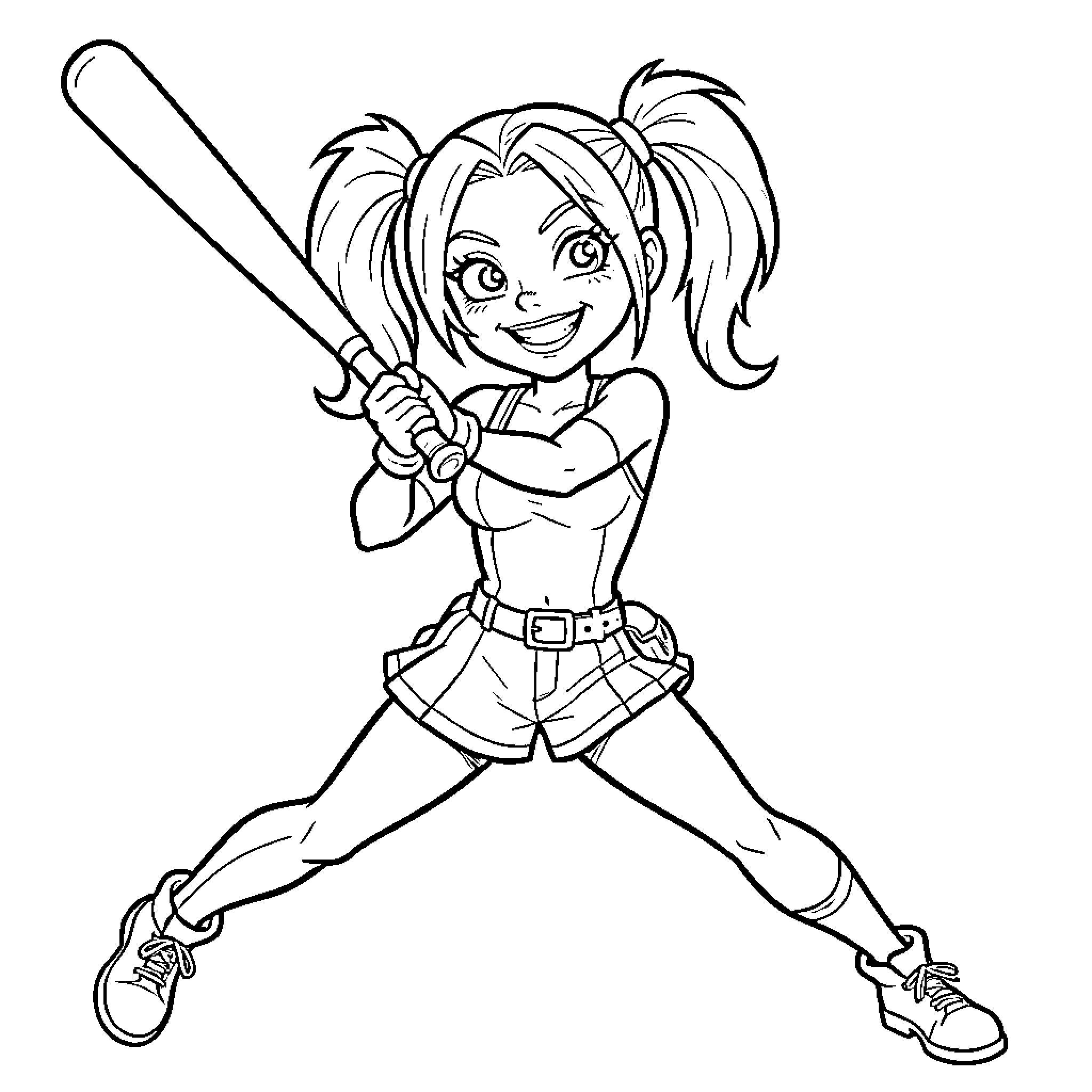 Harley Quinn smiling while holding a baseball bat Coloring Page (free black-and-white line drawing printable PDF for all, from beginners to advanced learners, including children, teens, adults, and seniors)