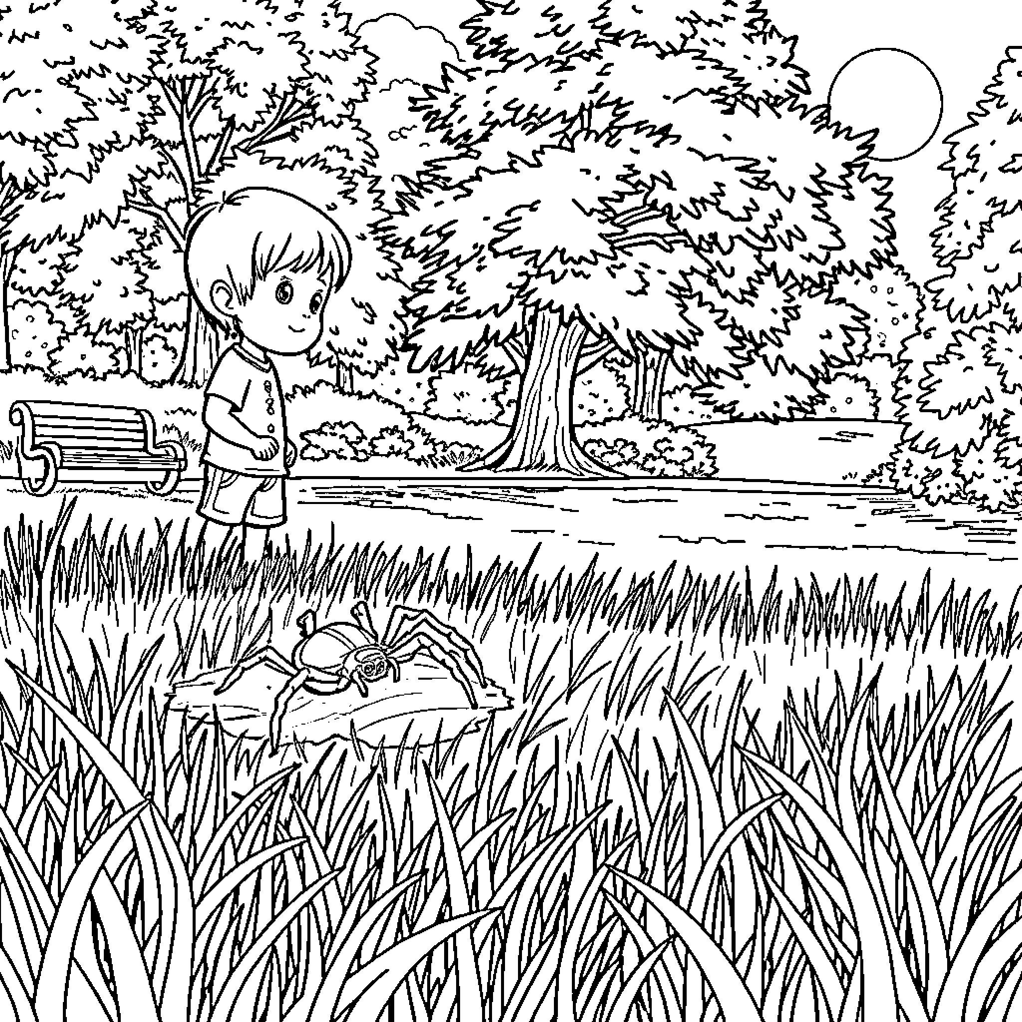 Spider Boy Explores Nature's Wonders Coloring Page (free black-and-white line drawing printable PDF for all, from beginners to advanced learners, including children, teens, adults, and seniors)