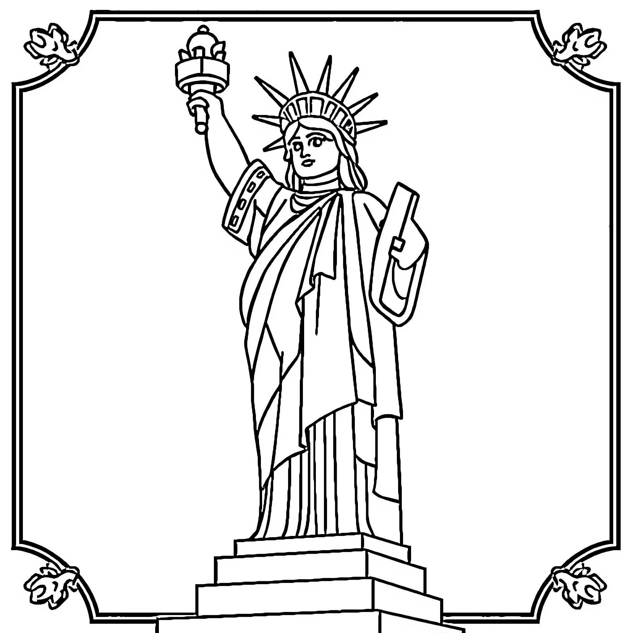Lego Statue of Liberty with torch Coloring Page (free black-and-white line drawing printable PDF for all, from beginners to advanced learners, including children, teens, adults, and seniors)