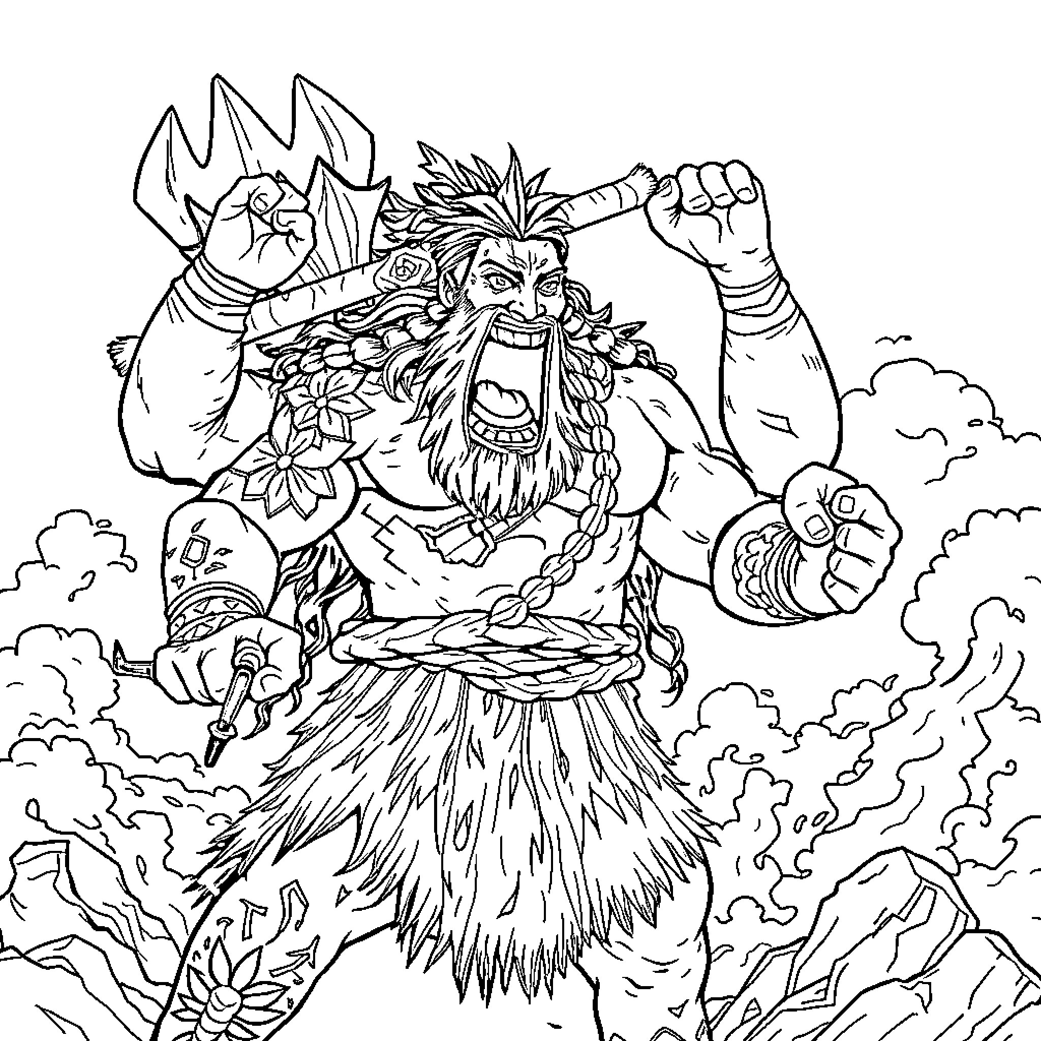 Maui, the Daring Demigod in Fierce Battle Coloring Page (free black-and-white line drawing printable PDF for all, from beginners to advanced learners, including children, teens, adults, and seniors)
