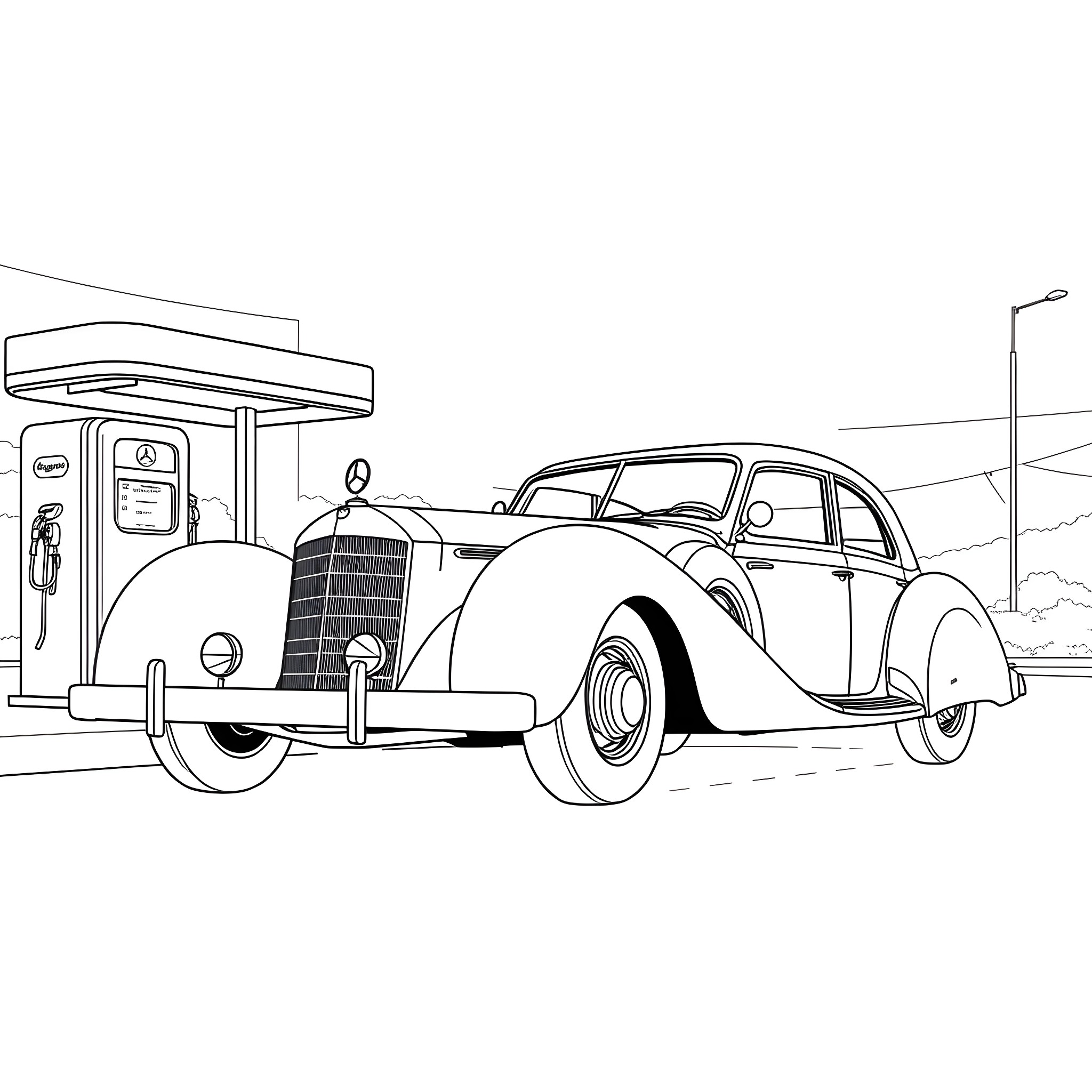Mercedes-Benz Vintage Car at Retro Fuel Station Coloring Page (free black-and-white line drawing printable PDF for all, from beginners to advanced learners, including children, teens, adults, and seniors)
