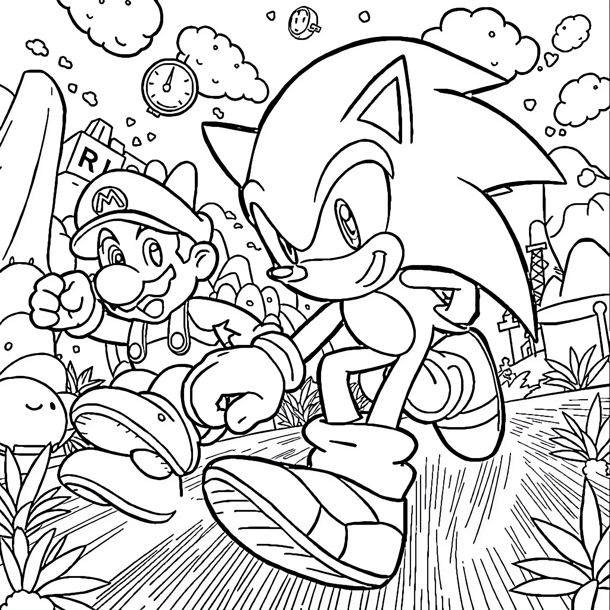 Sonic on an exciting adventure with friends Coloring Page (free black-and-white line drawing printable PDF for all, from beginners to advanced learners, including children, teens, adults, and seniors)