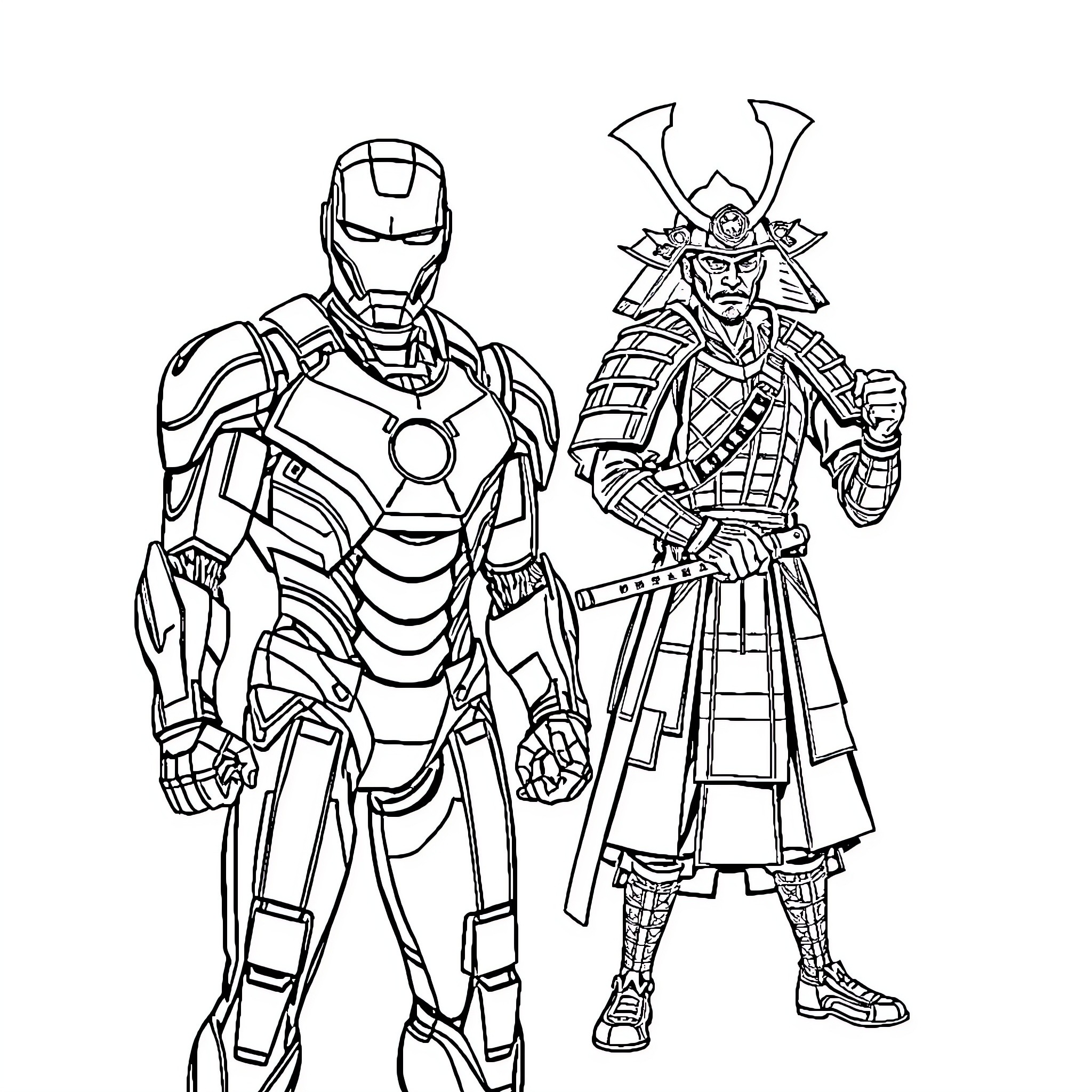 Iron Man in Battle with Samurai Warrior Coloring Page (free black-and-white line drawing printable PDF for all, from beginners to advanced learners, including children, teens, adults, and seniors)