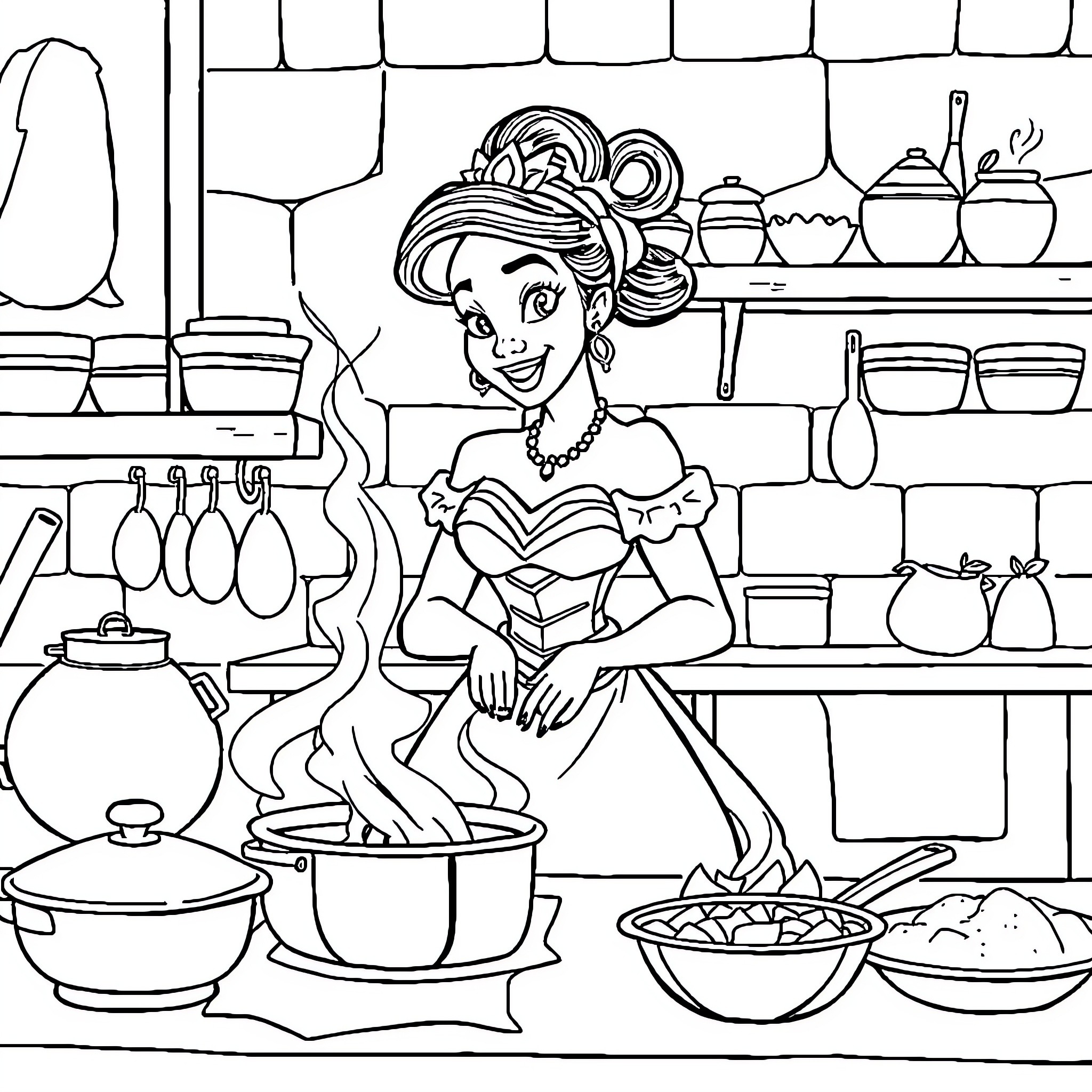 Princess Tiana Prepares a Meal in the Kitchen Coloring Page (free black-and-white line drawing printable PDF for all, from beginners to advanced learners, including children, teens, adults, and seniors)