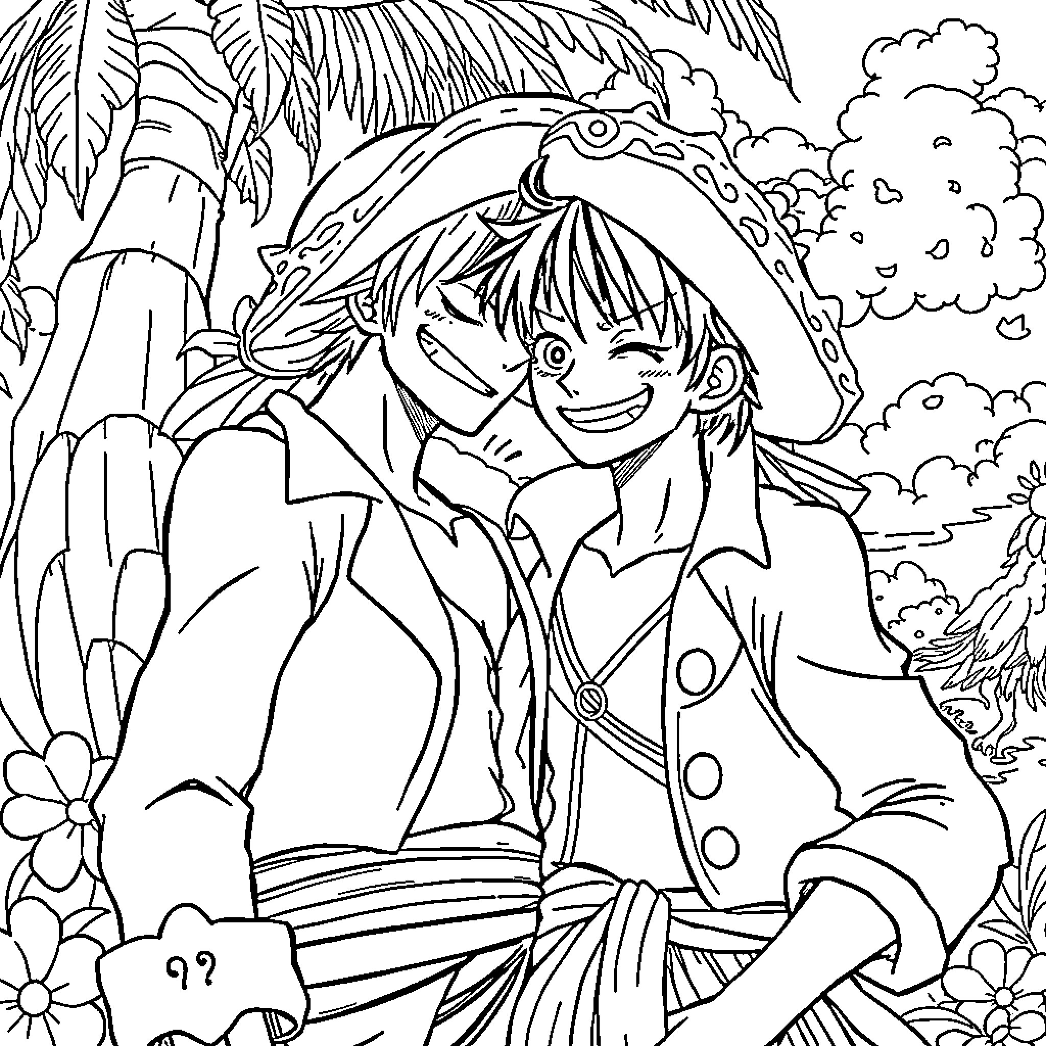Luffy's Pirate Adventure in the Tropical Landscape Coloring Page (free black-and-white line drawing printable PDF for all, from beginners to advanced learners, including children, teens, adults, and seniors)