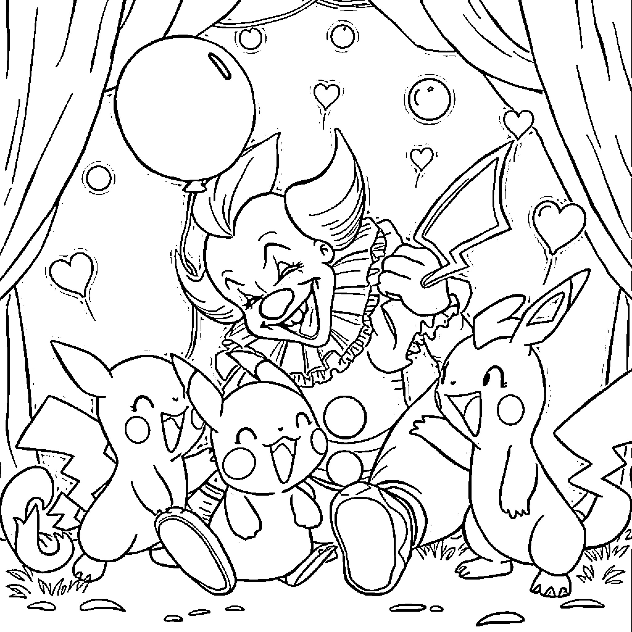 Pennywise the Clown Entertaining Adorable Cartoon Characters Coloring Page (free black-and-white line drawing printable PDF for all, from beginners to advanced learners, including children, teens, adults, and seniors)