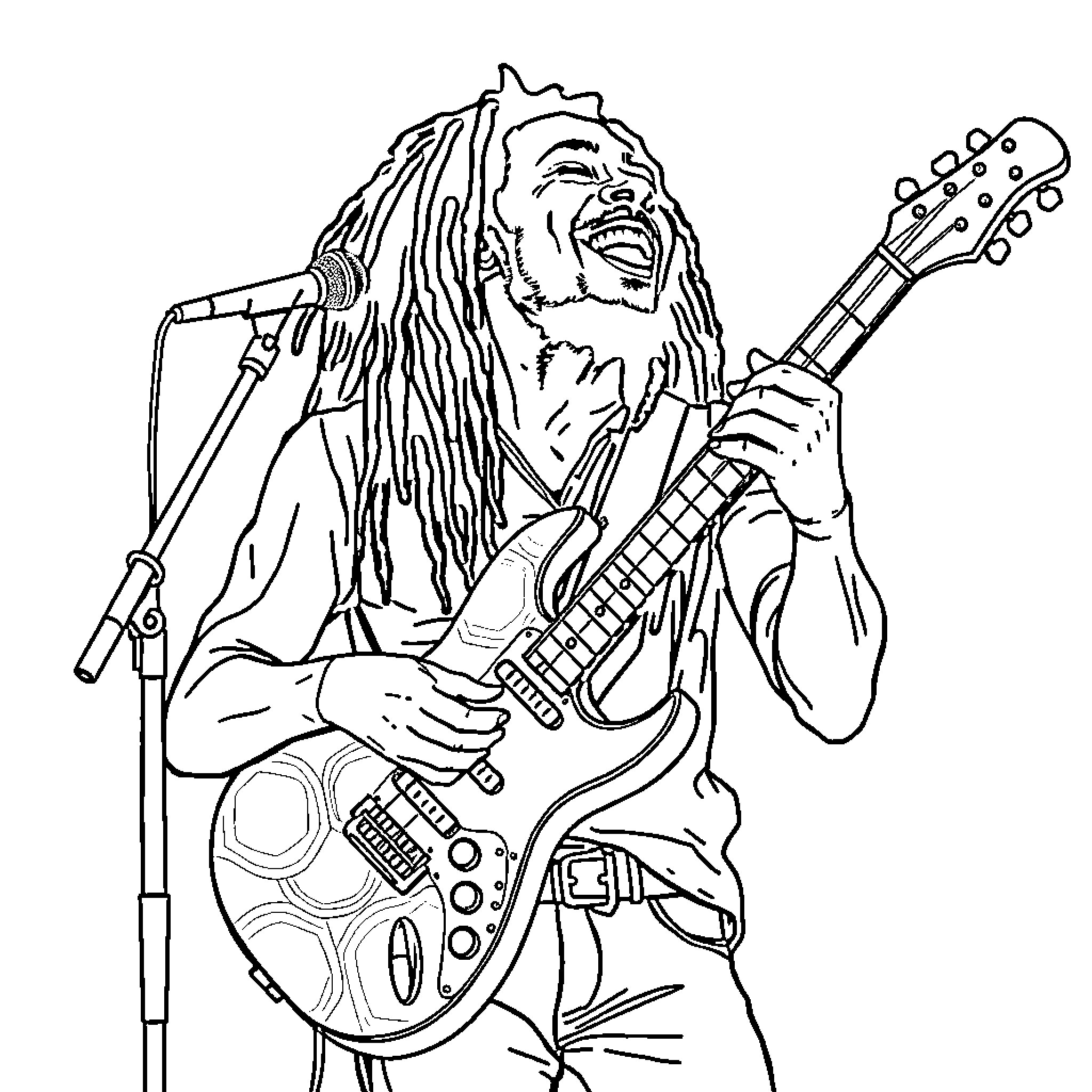 Bob Marley playing guitar and performing on stage Coloring Page (free black-and-white line drawing printable PDF for all, from beginners to advanced learners, including children, teens, adults, and seniors)
