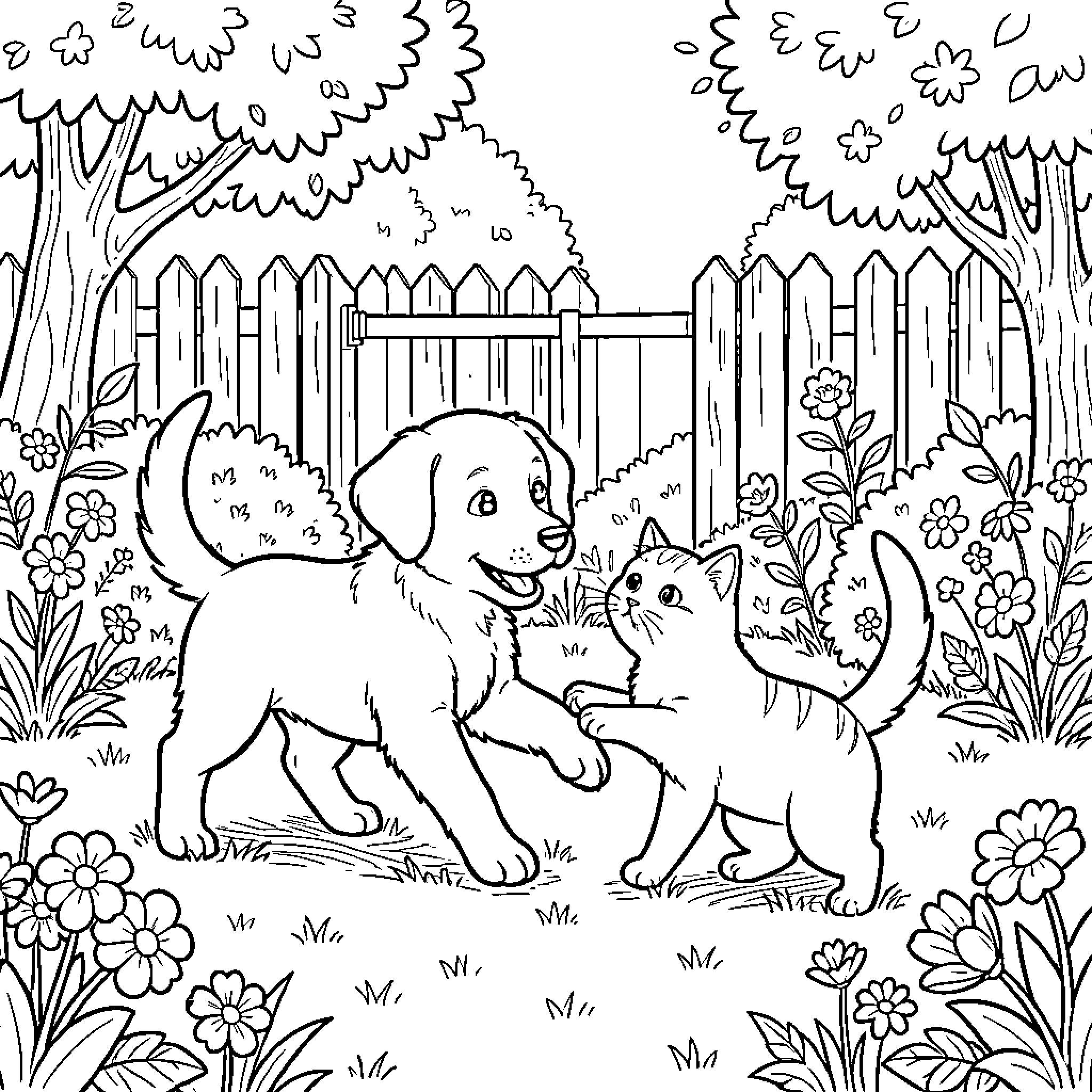 Puppy and kitten playing together in a garden Coloring Page (free black-and-white line drawing printable PDF for all, from beginners to advanced learners, including children, teens, adults, and seniors)