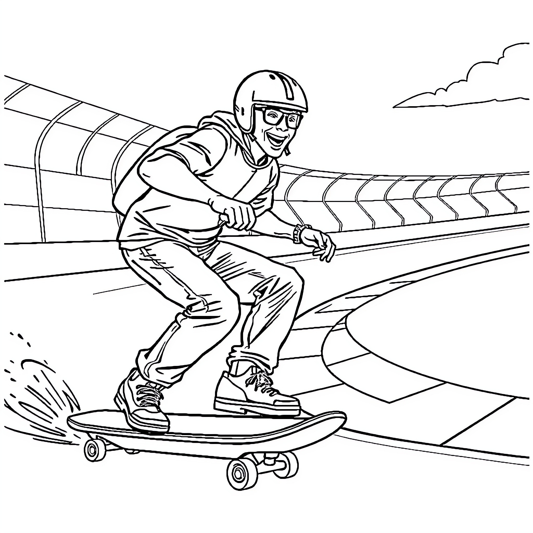 Man riding skateboard on track Coloring Page (free black-and-white line drawing printable PDF for all, from beginners to advanced learners, including children, teens, adults, and seniors)