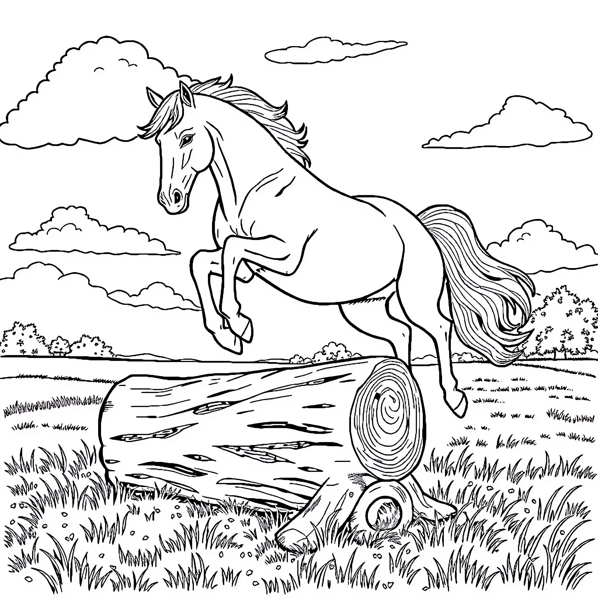 Horse jumping over log in grassy field Coloring Page (free black-and-white line drawing printable PDF for all, from beginners to advanced learners, including children, teens, adults, and seniors)