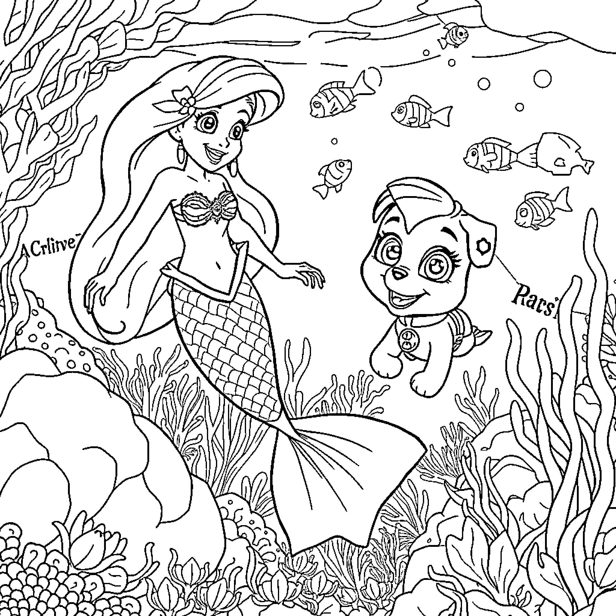 Mermaid and Underwater Sea Creatures Exploration Coloring Page (free black-and-white line drawing printable PDF for all, from beginners to advanced learners, including children, teens, adults, and seniors)