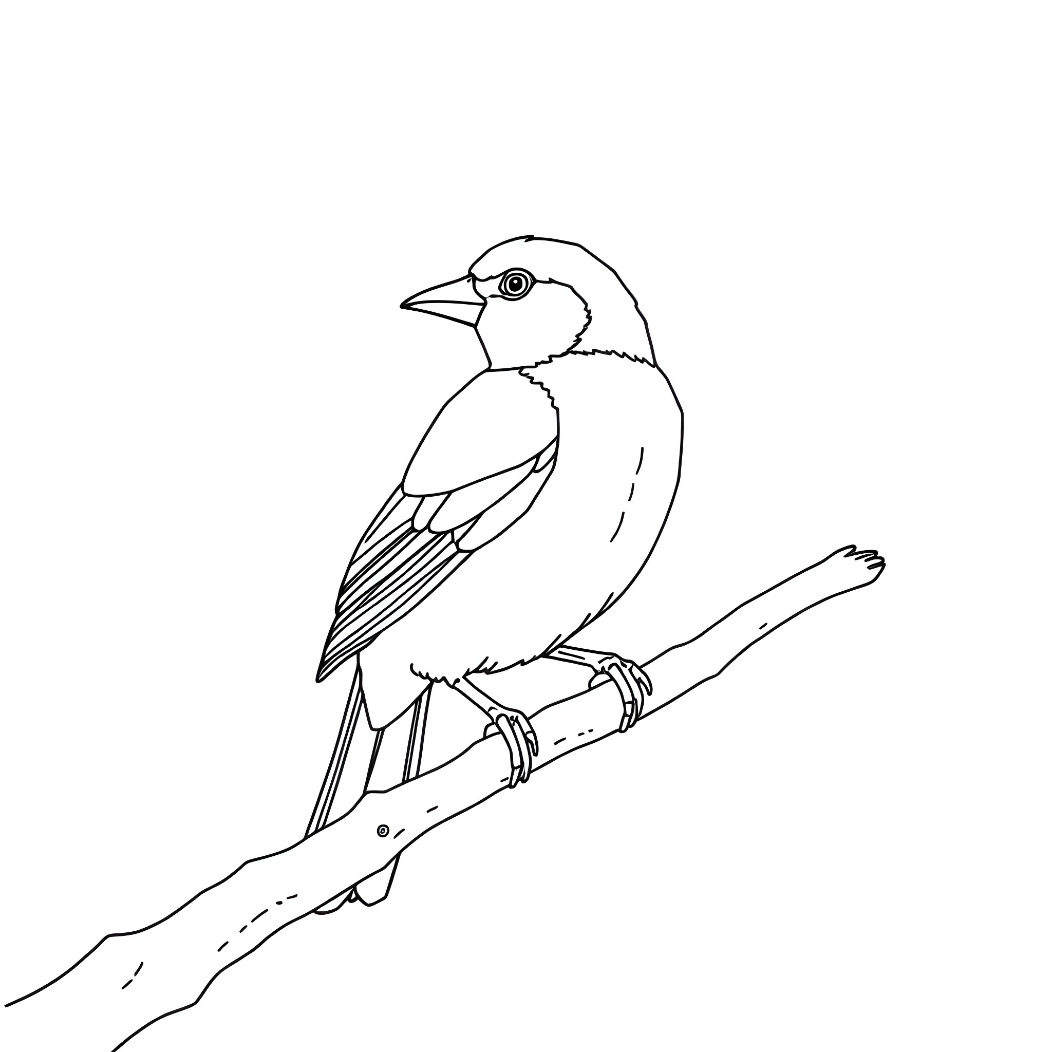 Gouldian Finch perched on branch Coloring Page (free black-and-white line drawing printable PDF for all, from beginners to advanced learners, including children, teens, adults, and seniors)