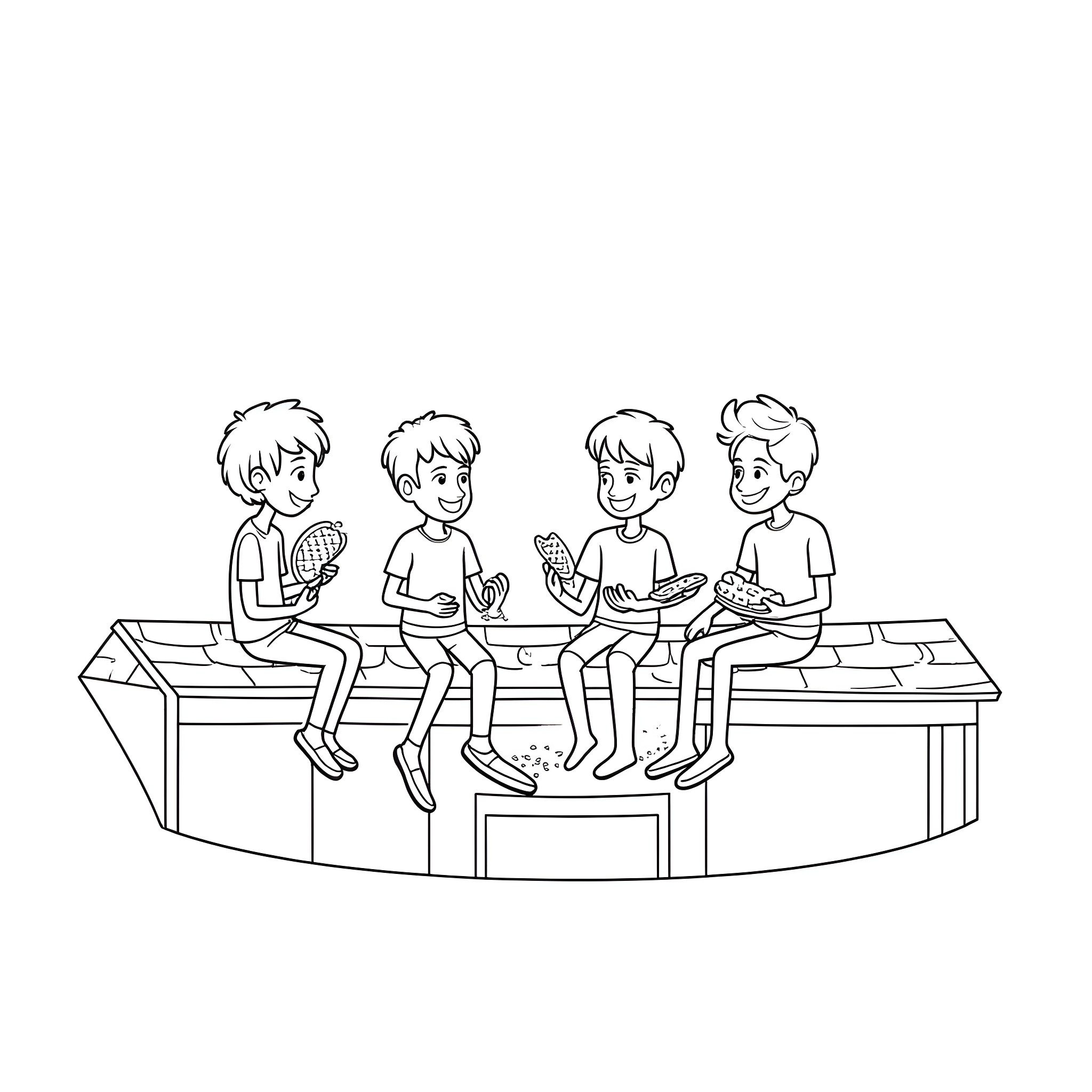 Guy enjoying snacks with friends at table Coloring Page (free black-and-white line drawing printable PDF for all, from beginners to advanced learners, including children, teens, adults, and seniors)