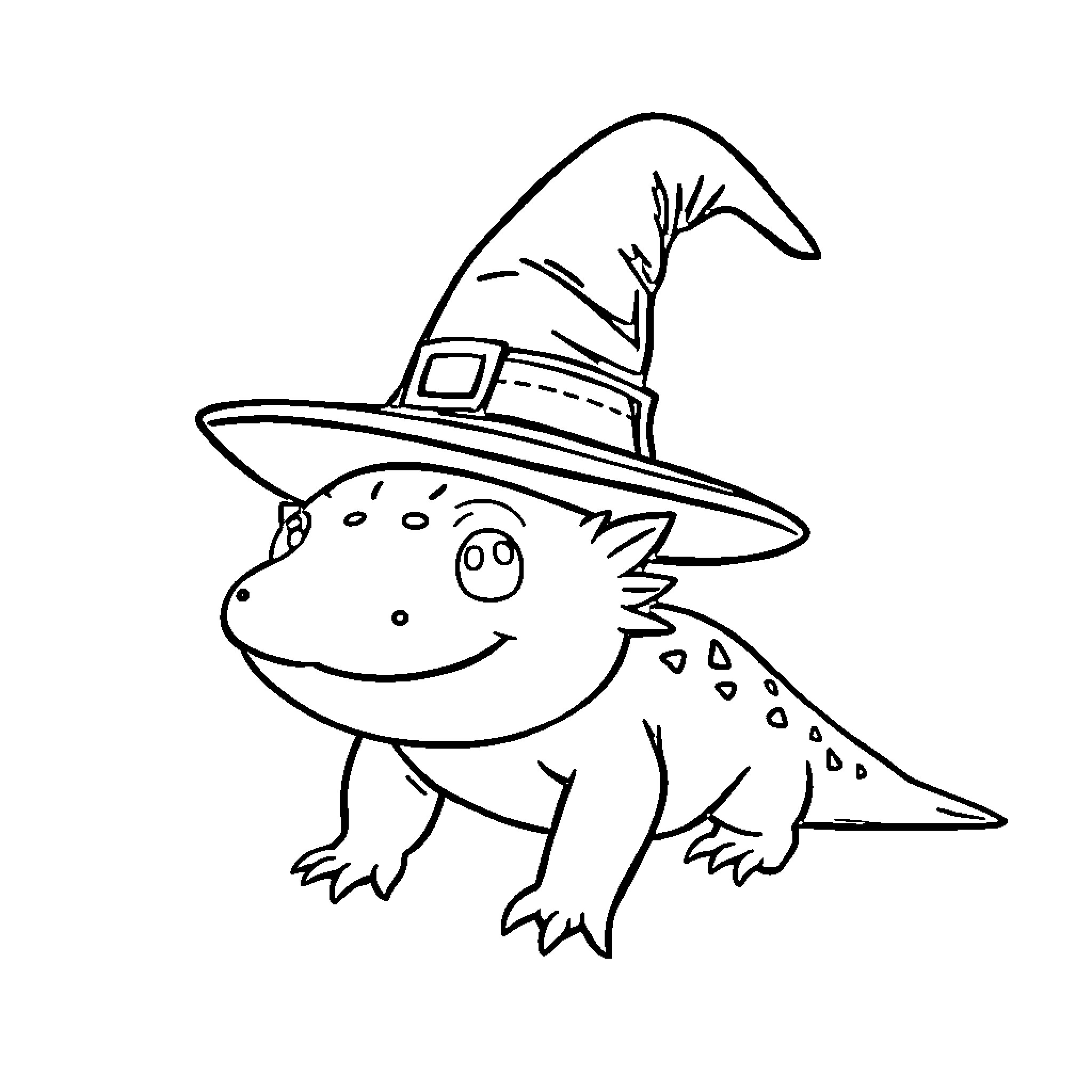 Axolotl wearing a witch hat Coloring Page (free black-and-white line drawing printable PDF for all, from beginners to advanced learners, including children, teens, adults, and seniors)
