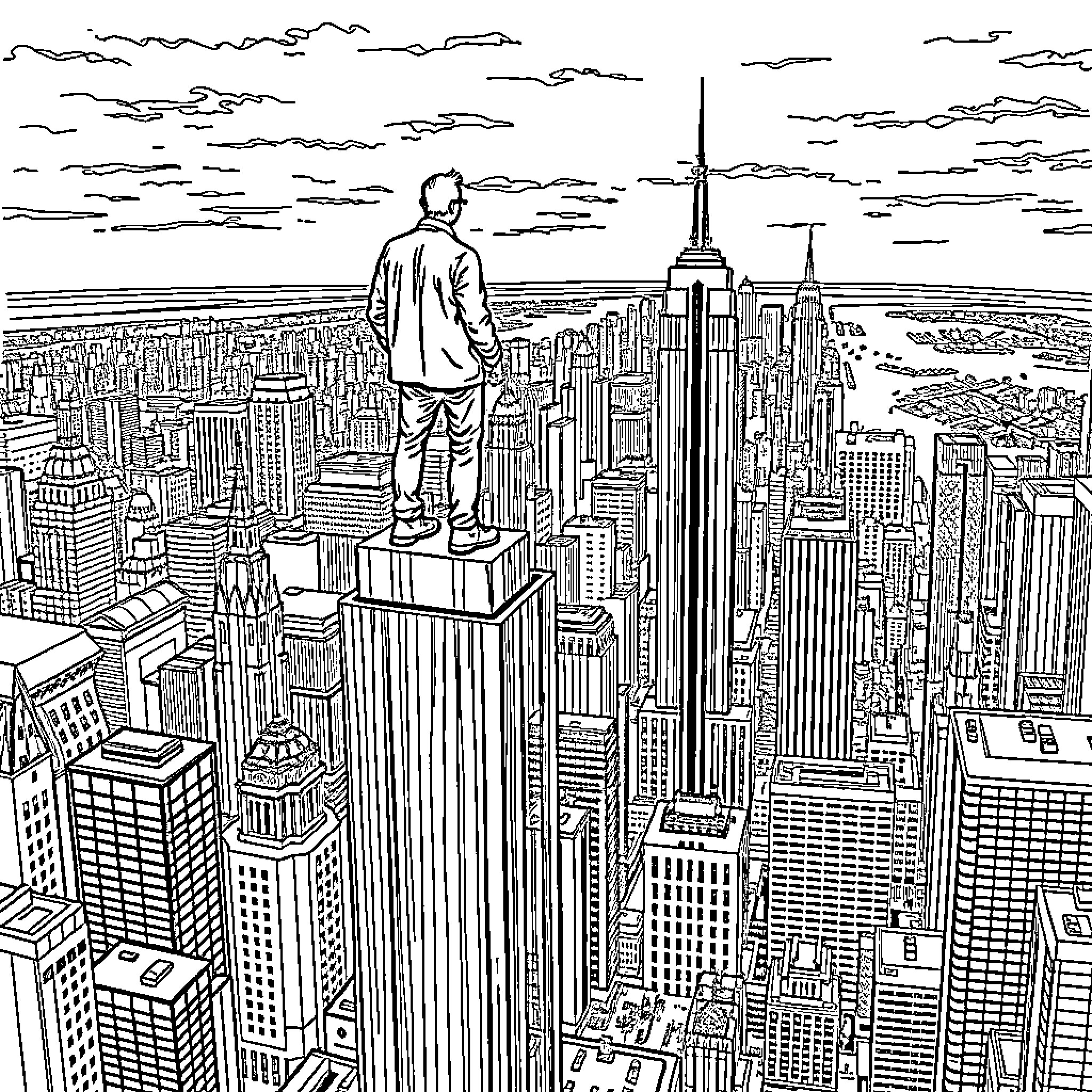 Man standing atop a city skyline Coloring Page (free black-and-white line drawing printable PDF for all, from beginners to advanced learners, including children, teens, adults, and seniors)