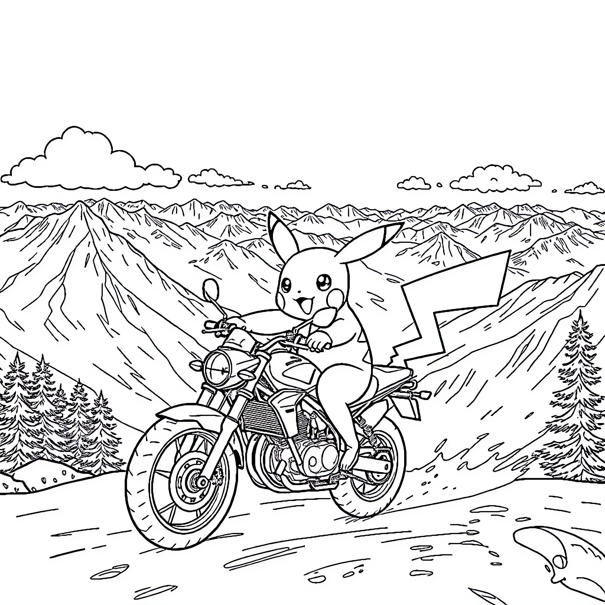 Pikachu riding a motorcycle through the mountains Coloring Page (free black-and-white line drawing printable PDF for all, from beginners to advanced learners, including children, teens, adults, and seniors)