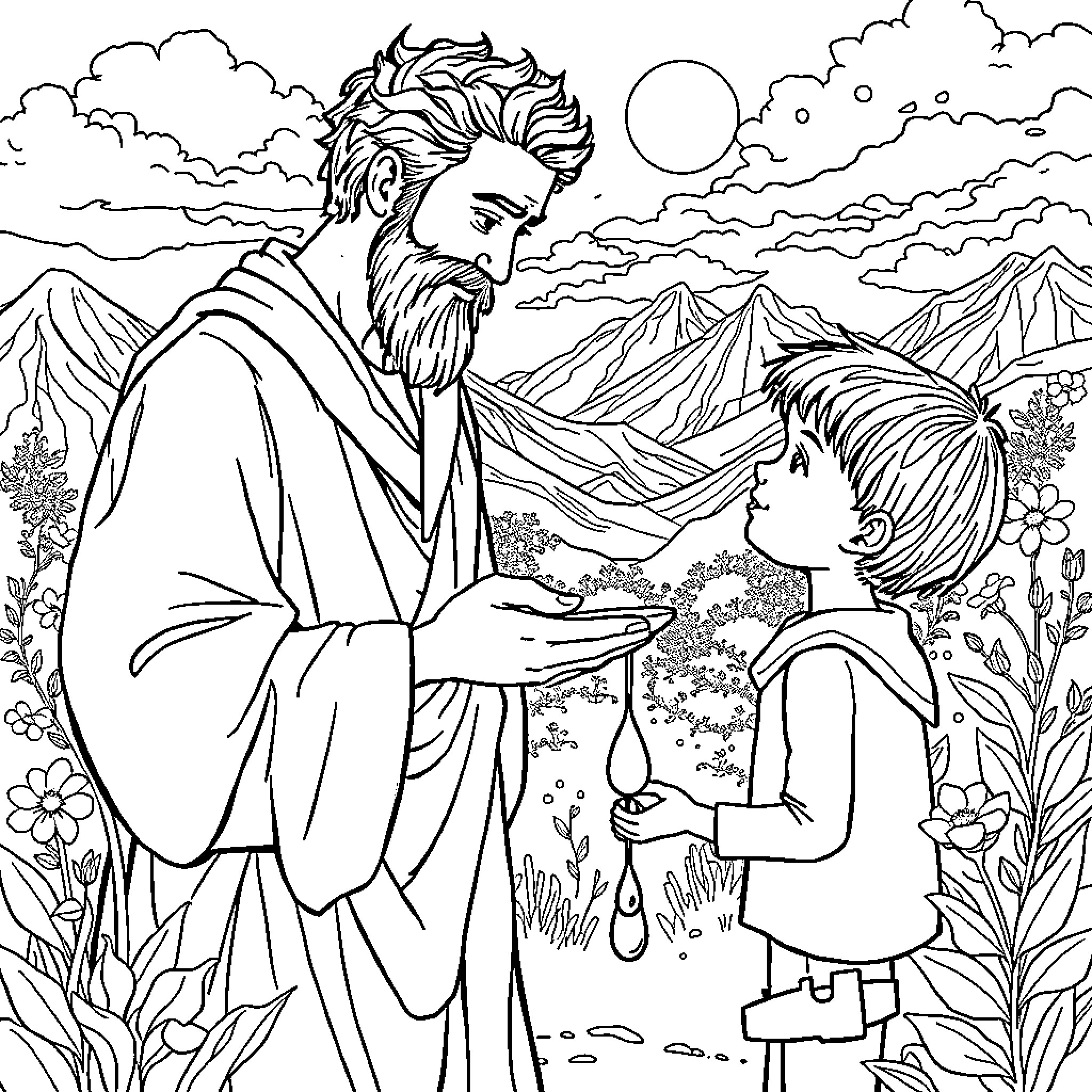 Wisdom of the Sage's Counsel in Nature's Embrace Coloring Page (free black-and-white line drawing printable PDF for all, from beginners to advanced learners, including children, teens, adults, and seniors)