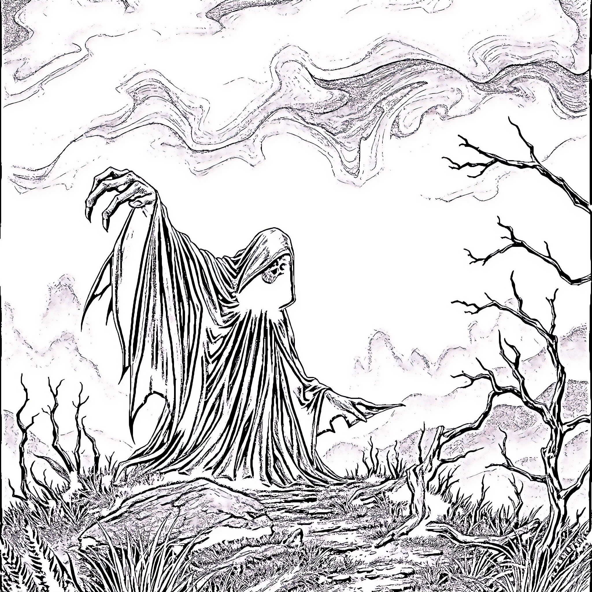 Death's Shrouded Presence in the Gloomy Landscape Coloring Page (free black-and-white line drawing printable PDF for all, from beginners to advanced learners, including children, teens, adults, and seniors)