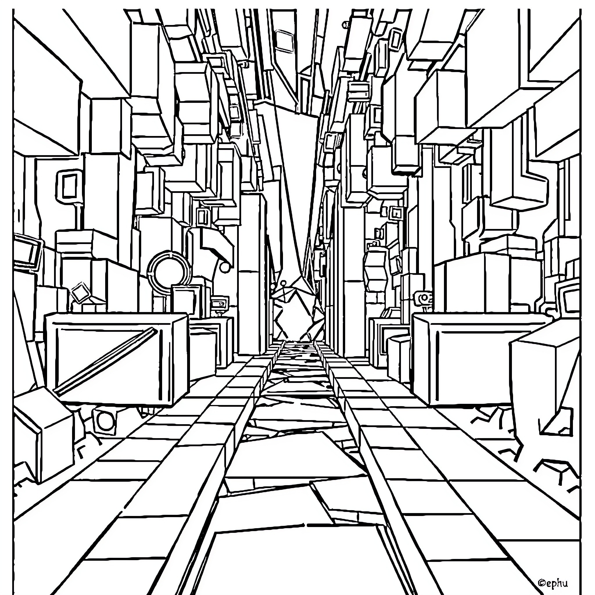 Geometry Dash Abstract City Landscape Coloring Page (free black-and-white line drawing printable PDF for all, from beginners to advanced learners, including children, teens, adults, and seniors)