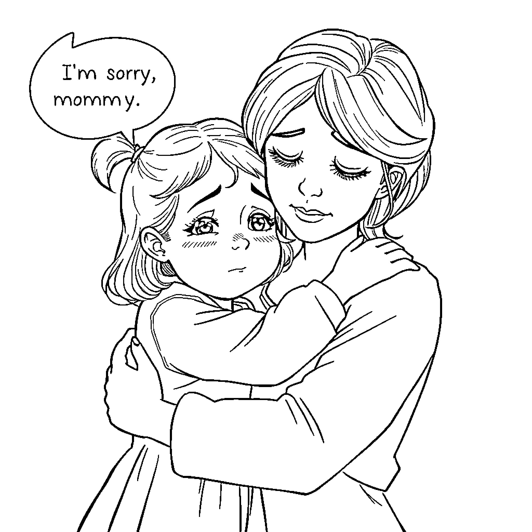 Daughter Apologizing to Mother in Tender Moment Coloring Page (free black-and-white line drawing printable PDF for all, from beginners to advanced learners, including children, teens, adults, and seniors)