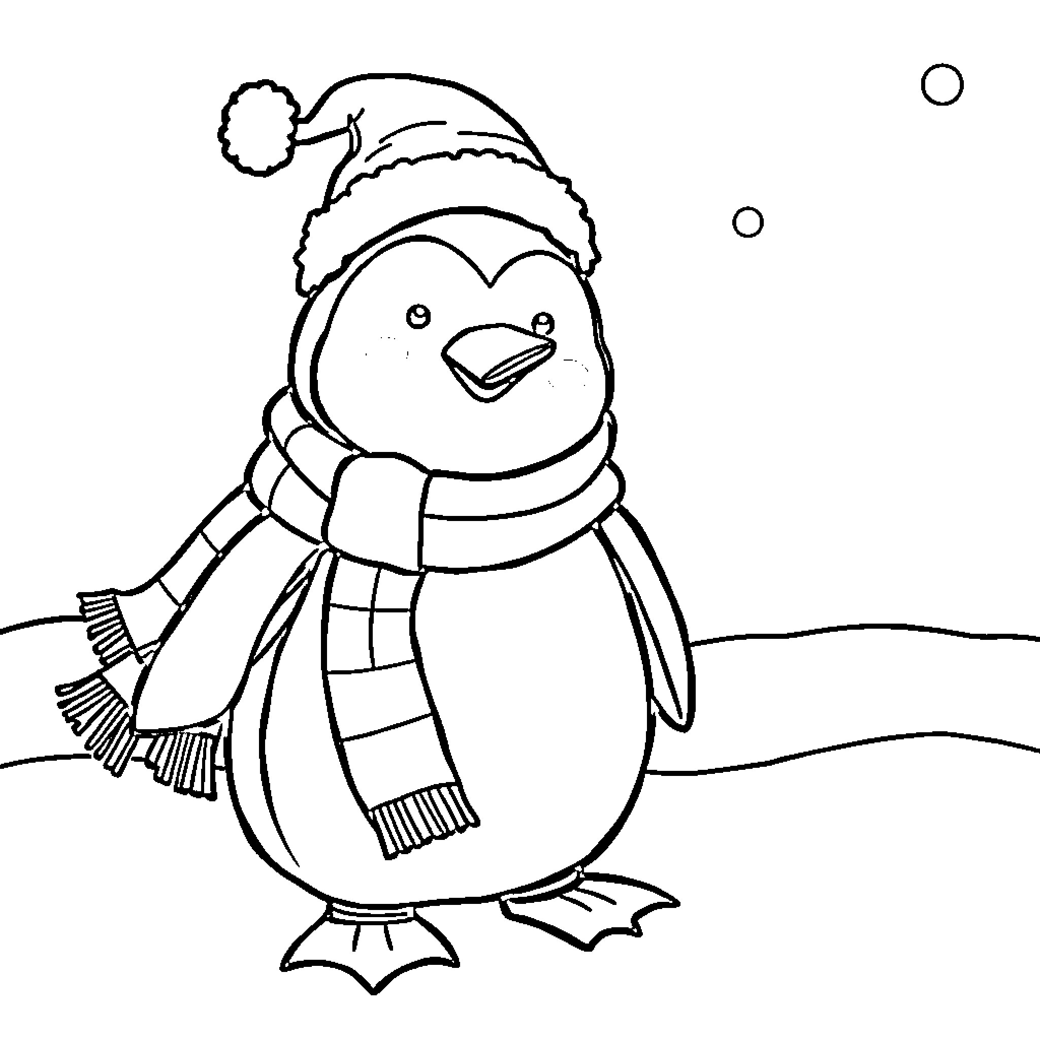 Penguin Wearing Winter Outfit in Snow Coloring Page (free black-and-white line drawing printable PDF for all, from beginners to advanced learners, including children, teens, adults, and seniors)