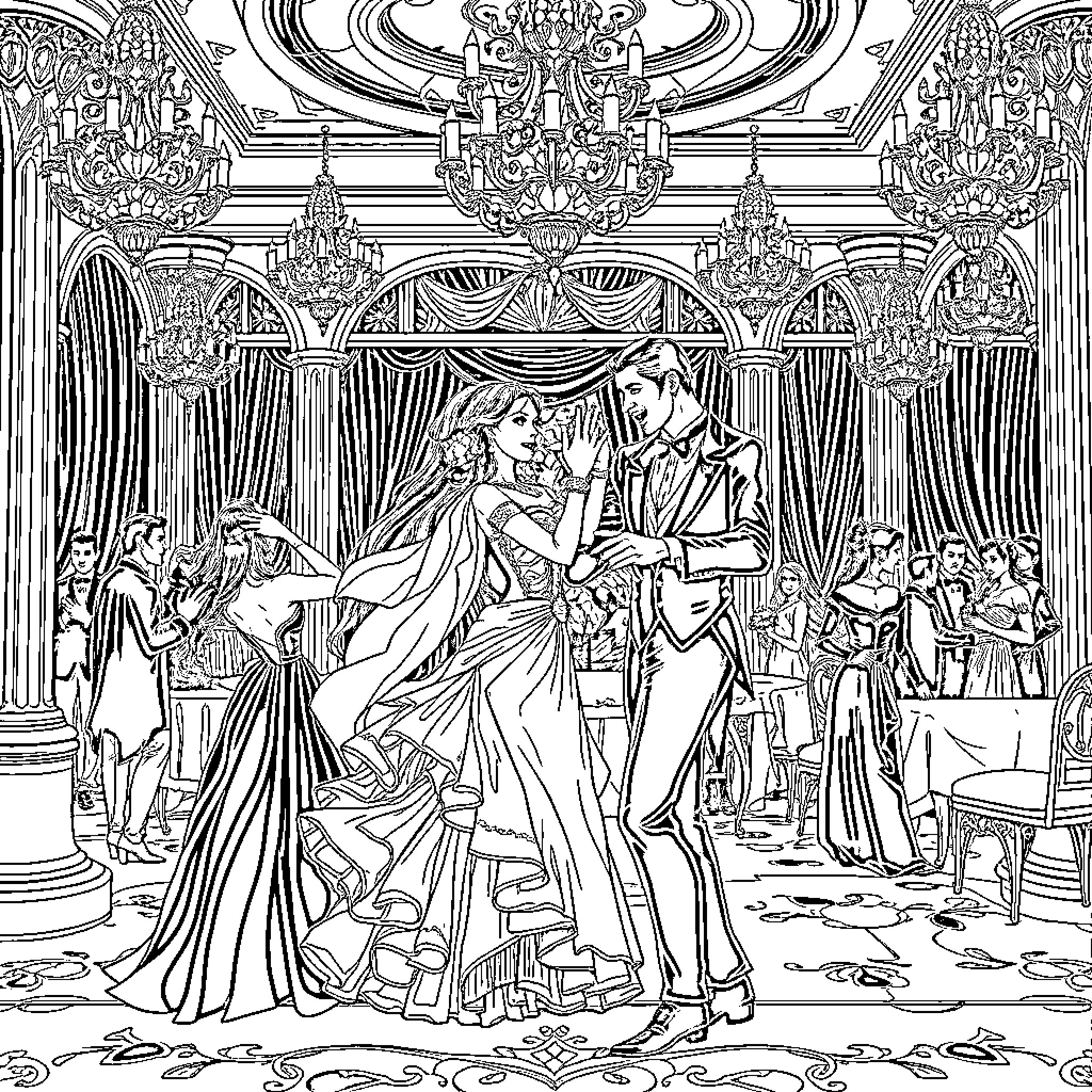 Vampire Couple Dancing Amidst Opulent Surroundings Coloring Page (free black-and-white line drawing printable PDF for all, from beginners to advanced learners, including children, teens, adults, and seniors)