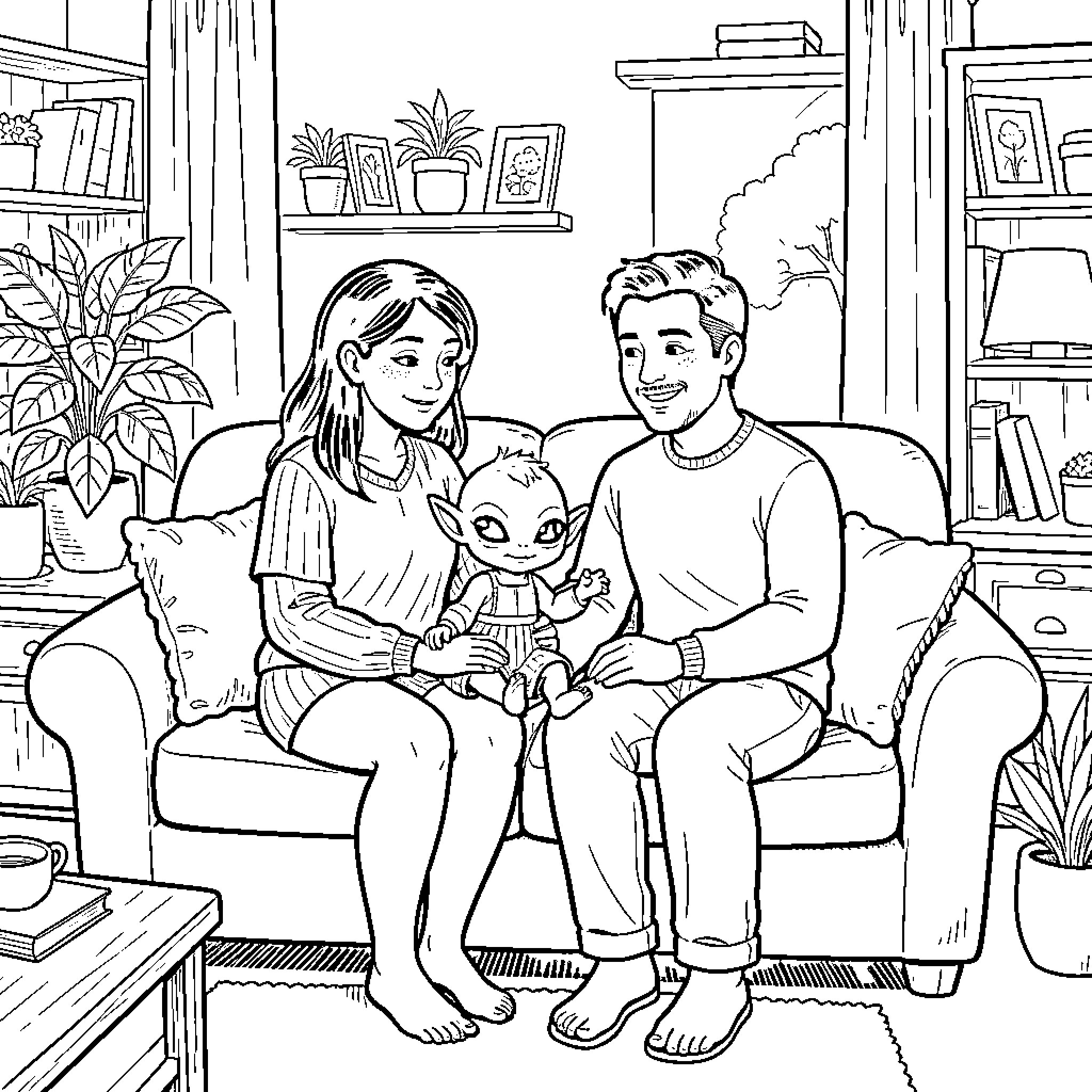 Alien baby being held by a happy couple Coloring Page (free black-and-white line drawing printable PDF for all, from beginners to advanced learners, including children, teens, adults, and seniors)