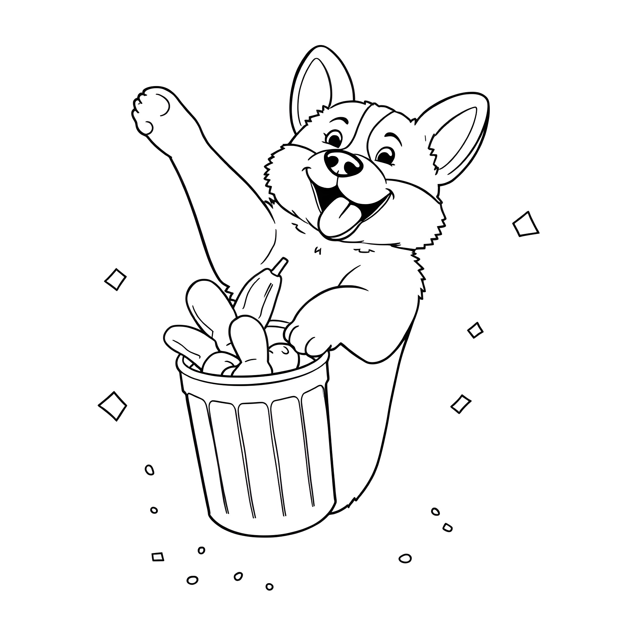 Corgi jumping happily in a trash can Coloring Page (free black-and-white line drawing printable PDF for all, from beginners to advanced learners, including children, teens, adults, and seniors)