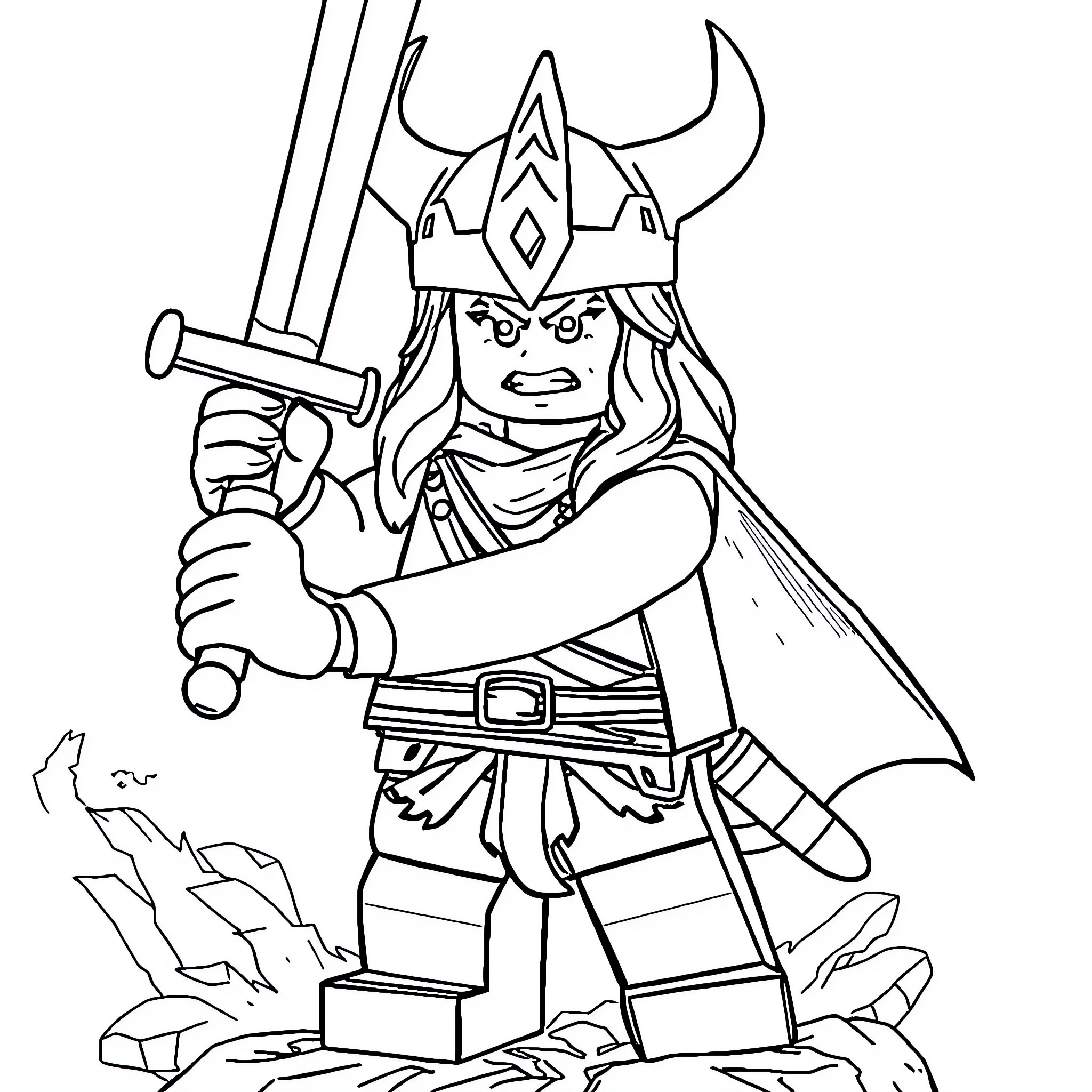 Viking warrior wielding sword in battle Coloring Page (free black-and-white line drawing printable PDF for all, from beginners to advanced learners, including children, teens, adults, and seniors)