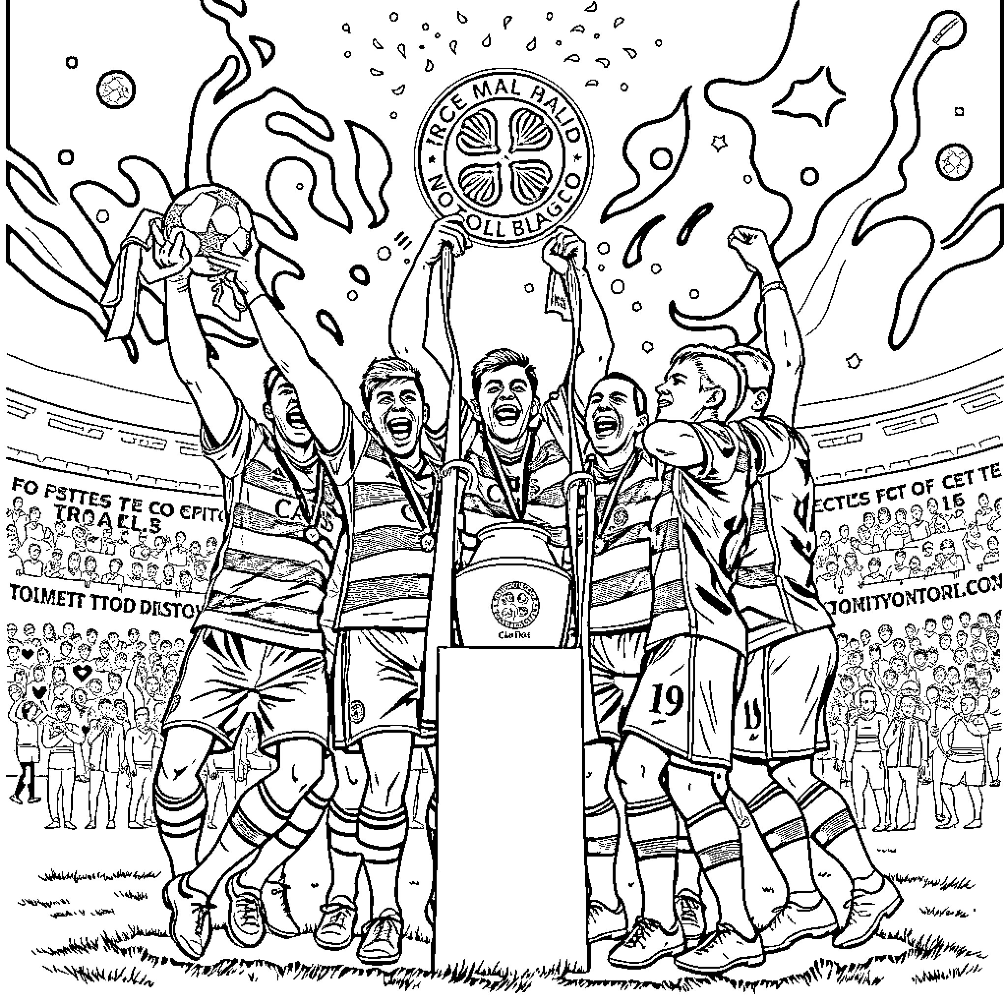 Celtic Players Celebrating Victory on the Field Coloring Page (free black-and-white line drawing printable PDF for all, from beginners to advanced learners, including children, teens, adults, and seniors)