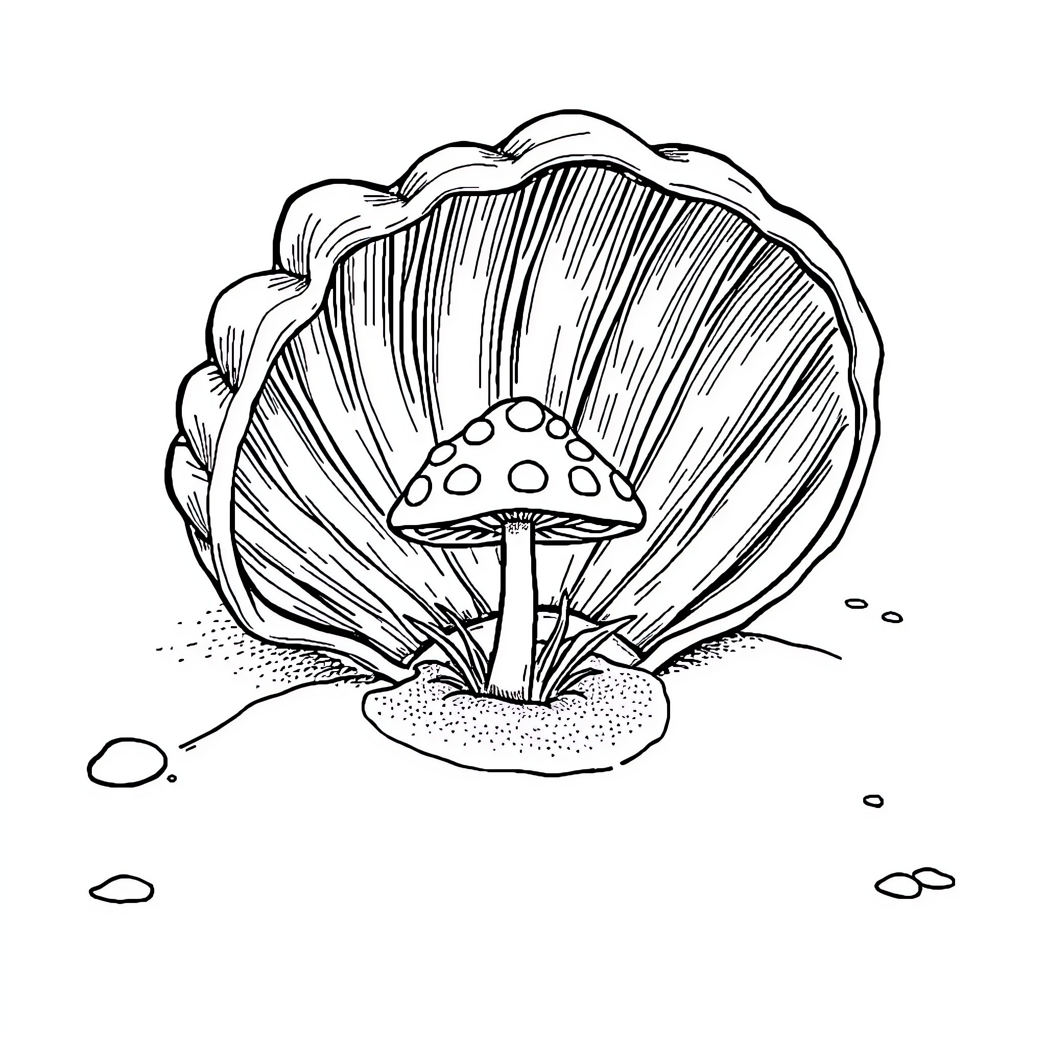 Mushroom growing in a whimsical landscape Coloring Page (free black-and-white line drawing printable PDF for all, from beginners to advanced learners, including children, teens, adults, and seniors)