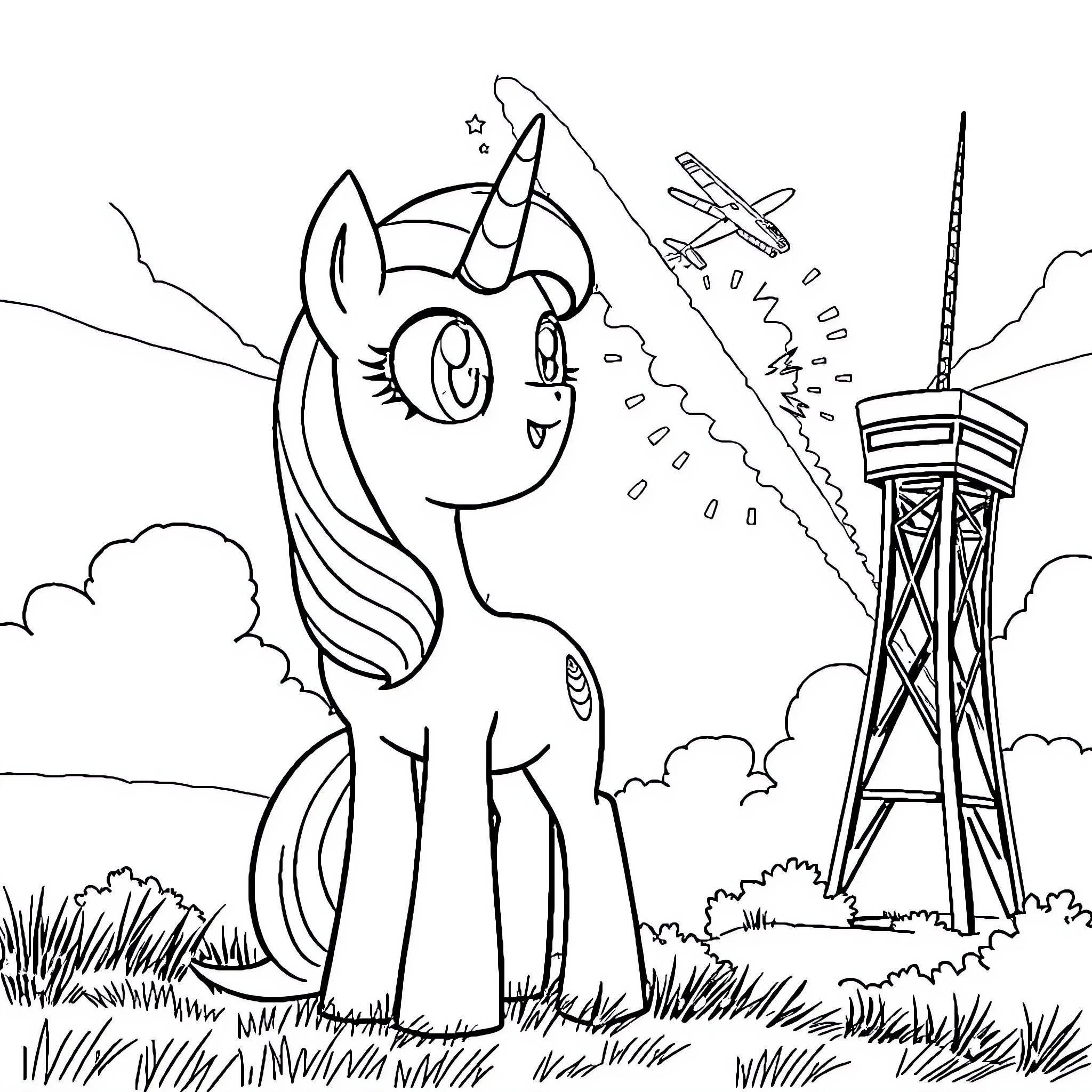 Twilight Sparkle's Whimsical Adventure Coloring Page (free black-and-white line drawing printable PDF for all, from beginners to advanced learners, including children, teens, adults, and seniors)