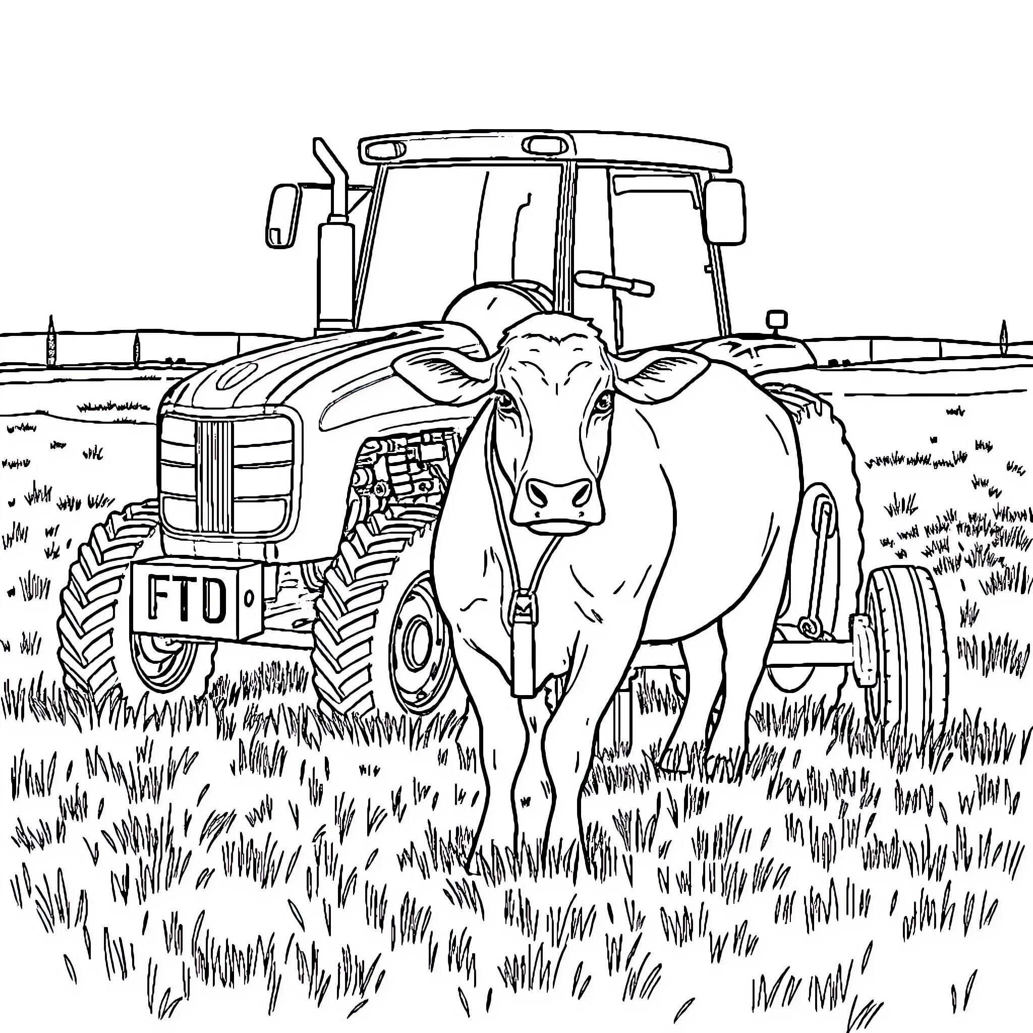 Cow standing beside a tractor in the field Coloring Page (free black-and-white line drawing printable PDF for all, from beginners to advanced learners, including children, teens, adults, and seniors)
