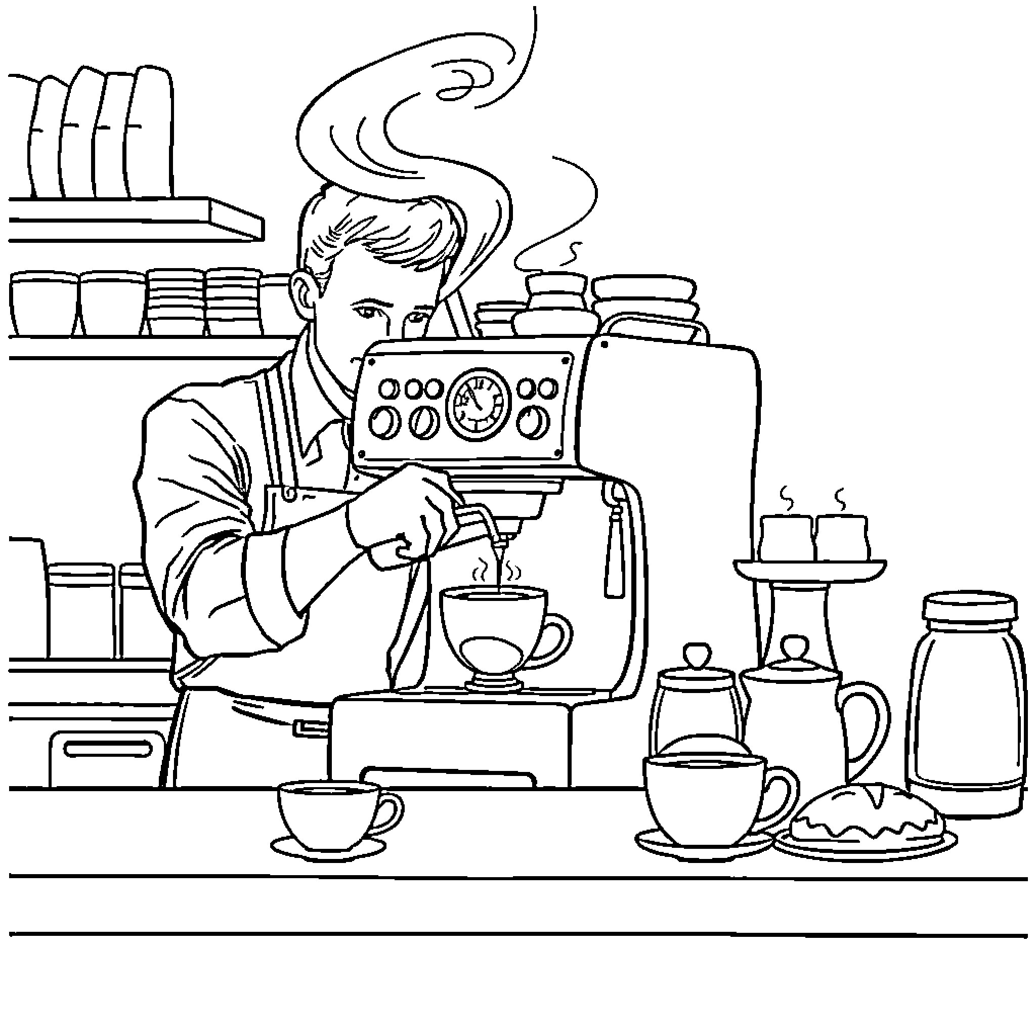 Barista Preparing Coffee with Passion Coloring Page (free black-and-white line drawing printable PDF for all, from beginners to advanced learners, including children, teens, adults, and seniors)