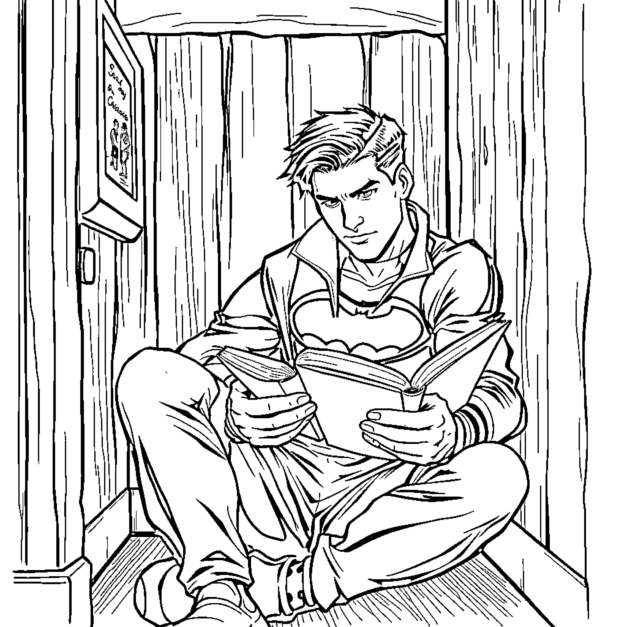 Jason Todd reading in a secluded space Coloring Page (free black-and-white line drawing printable PDF for all, from beginners to advanced learners, including children, teens, adults, and seniors)