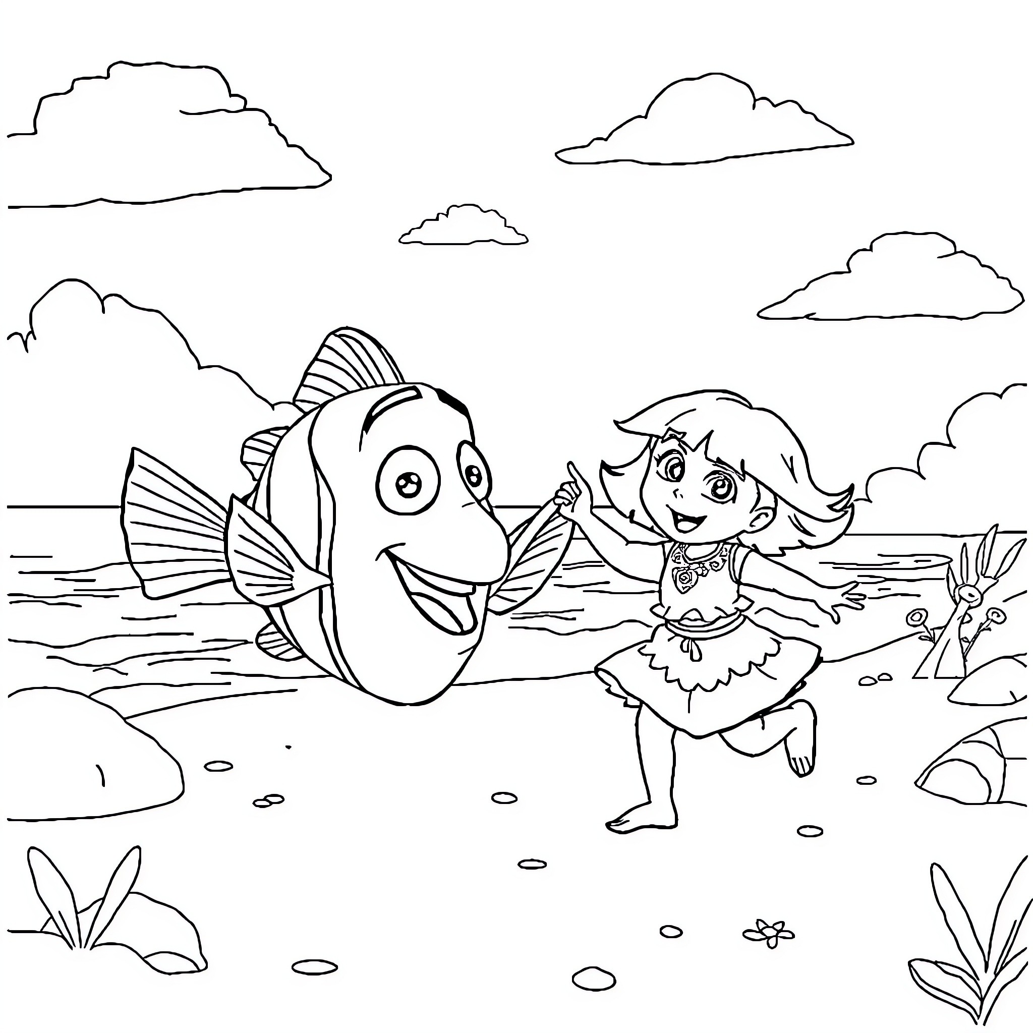 Nemo and Dora's Underwater Adventure Coloring Page (free black-and-white line drawing printable PDF for all, from beginners to advanced learners, including children, teens, adults, and seniors)