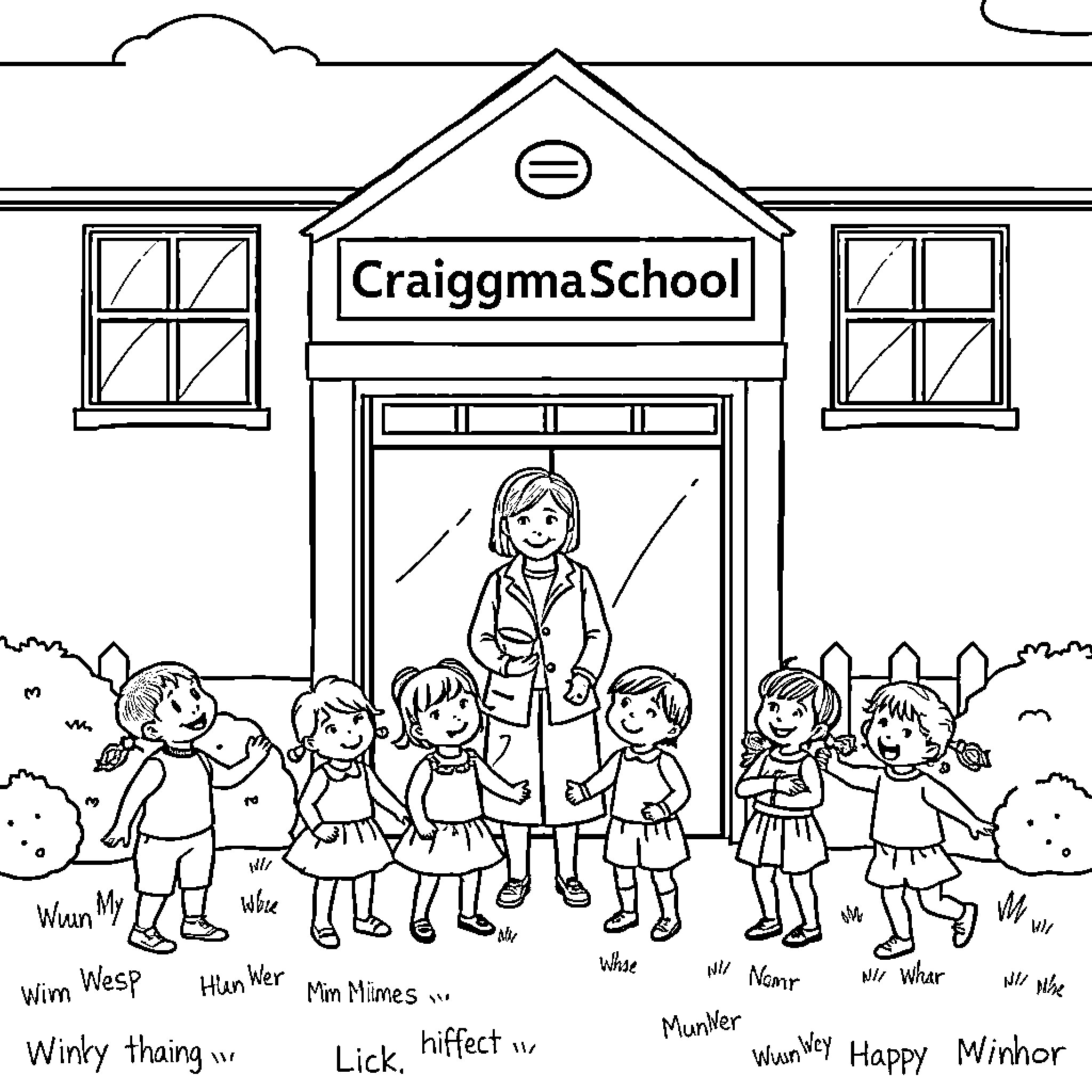 Child students gathered outside school building Coloring Page (free black-and-white line drawing printable PDF for all, from beginners to advanced learners, including children, teens, adults, and seniors)