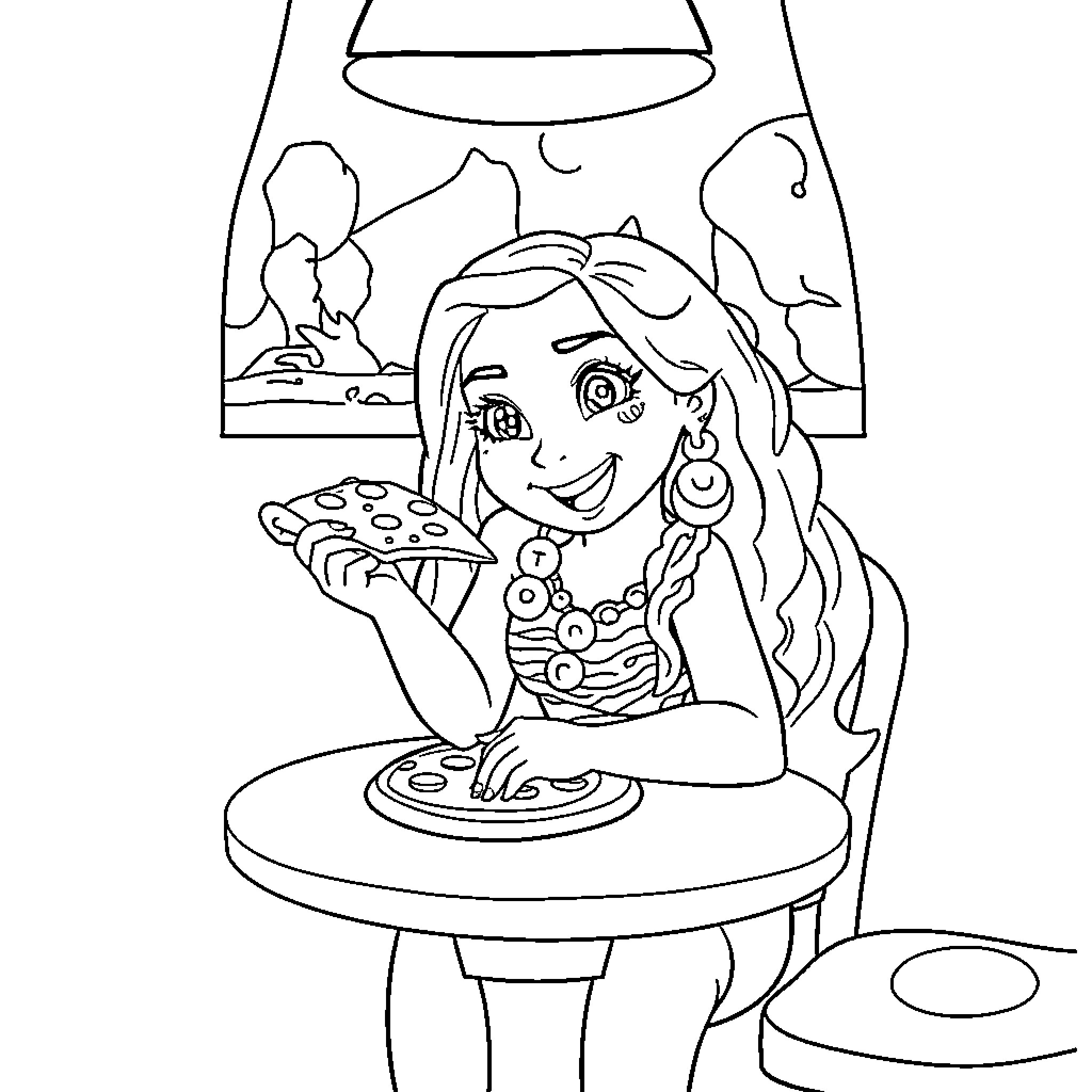 Moana enjoys a delightful meal in her cozy home Coloring Page (free black-and-white line drawing printable PDF for all, from beginners to advanced learners, including children, teens, adults, and seniors)