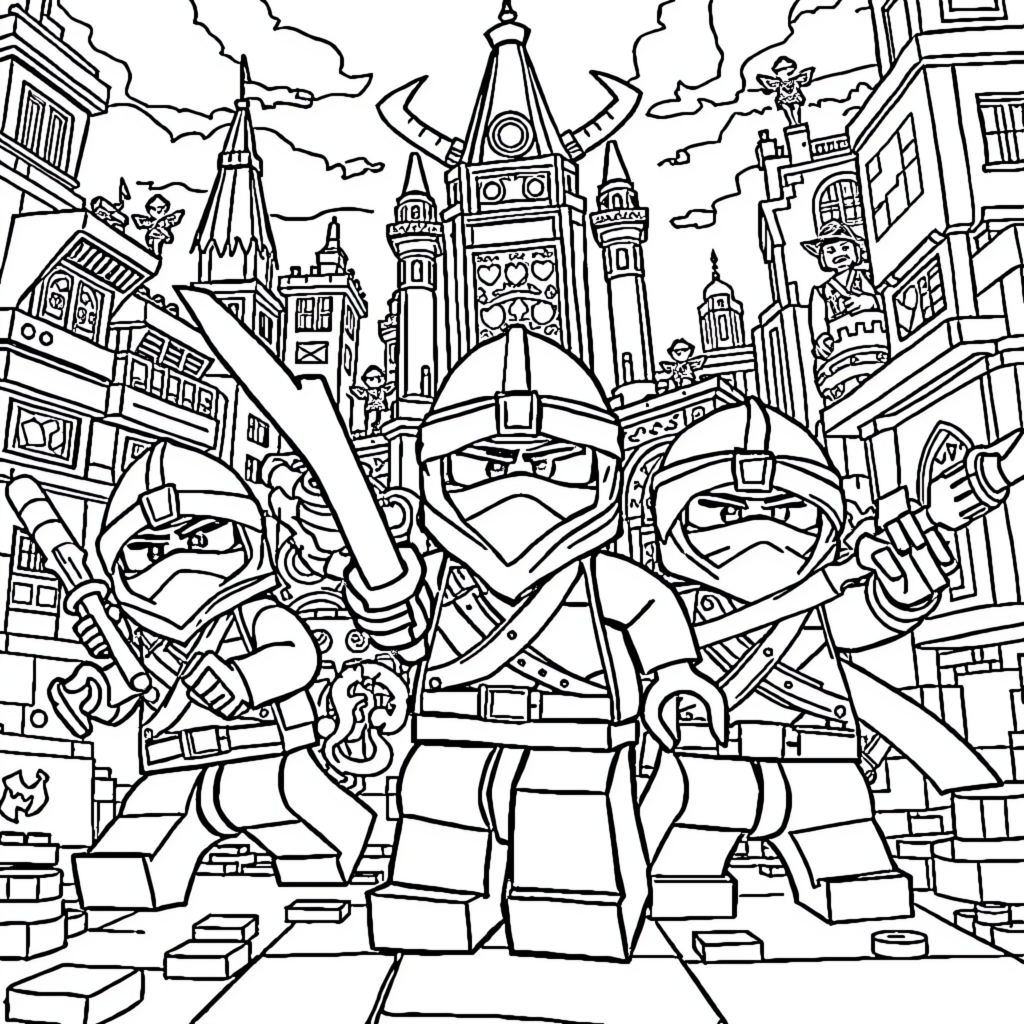 Lego Ninjago Ninjas Battling in Mystical City Coloring Page (free black-and-white line drawing printable PDF for all, from beginners to advanced learners, including children, teens, adults, and seniors)