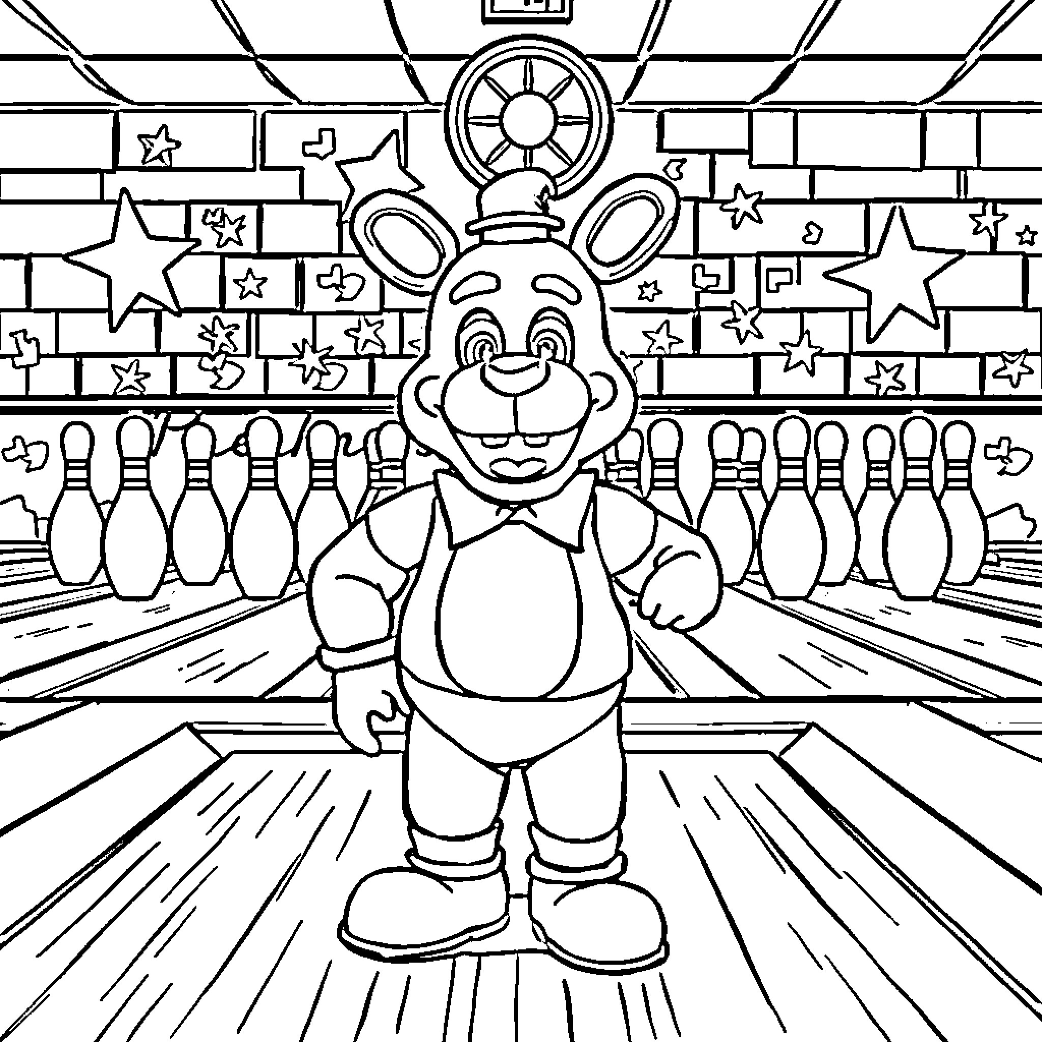 Freddy Fazbear in a Bowling Alley Coloring Page (free black-and-white line drawing printable PDF for all, from beginners to advanced learners, including children, teens, adults, and seniors)