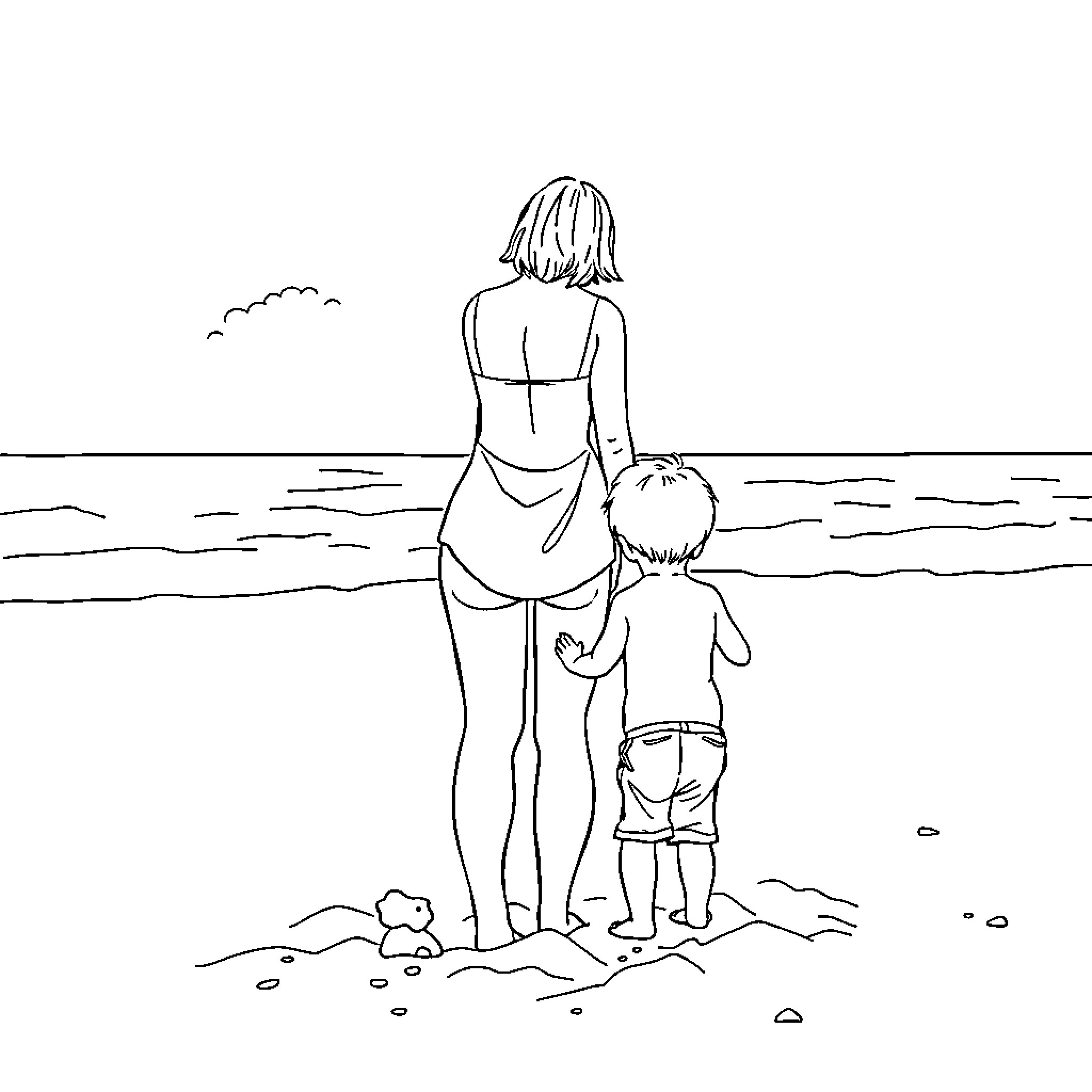 Mom and child playing at the beach Coloring Page (free black-and-white line drawing printable PDF for all, from beginners to advanced learners, including children, teens, adults, and seniors)