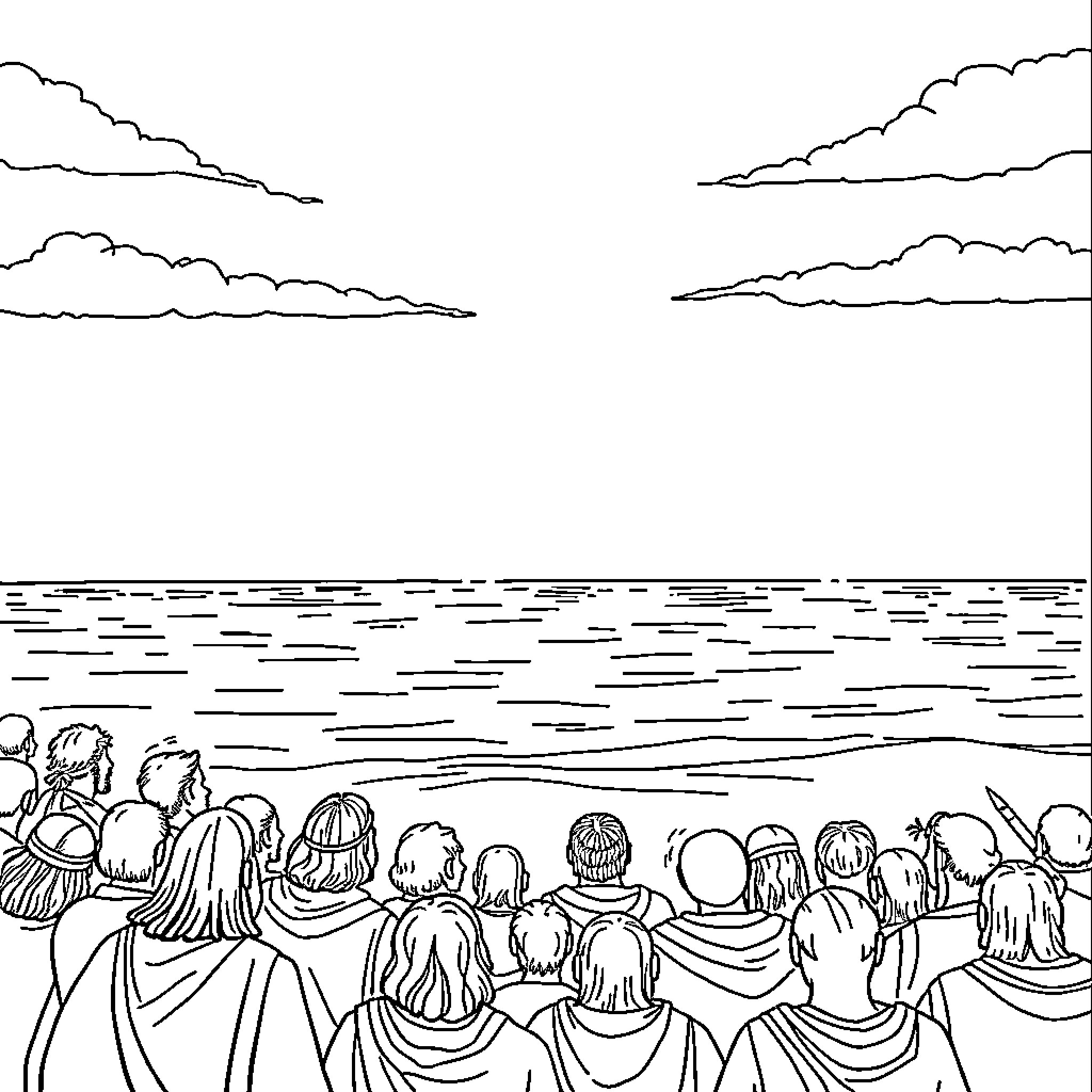 Moses Leads the People Through the Parting of the Sea Coloring Page (free black-and-white line drawing printable PDF for all, from beginners to advanced learners, including children, teens, adults, and seniors)