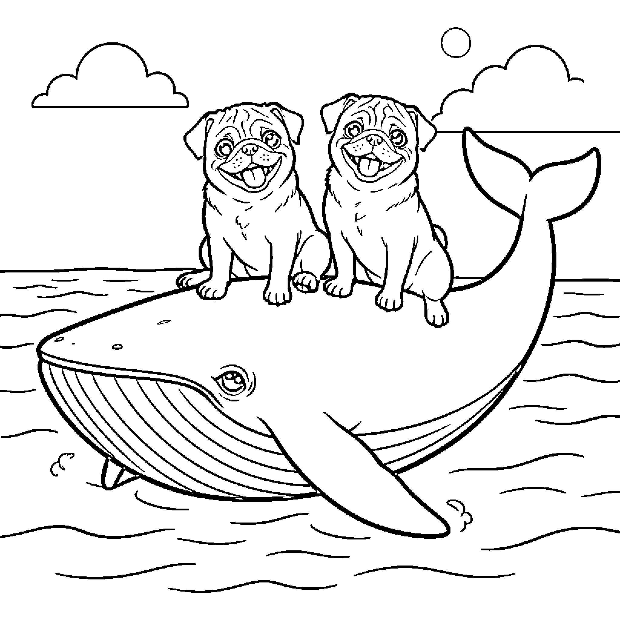 Pug dogs riding happily on a large whale Coloring Page (free black-and-white line drawing printable PDF for all, from beginners to advanced learners, including children, teens, adults, and seniors)