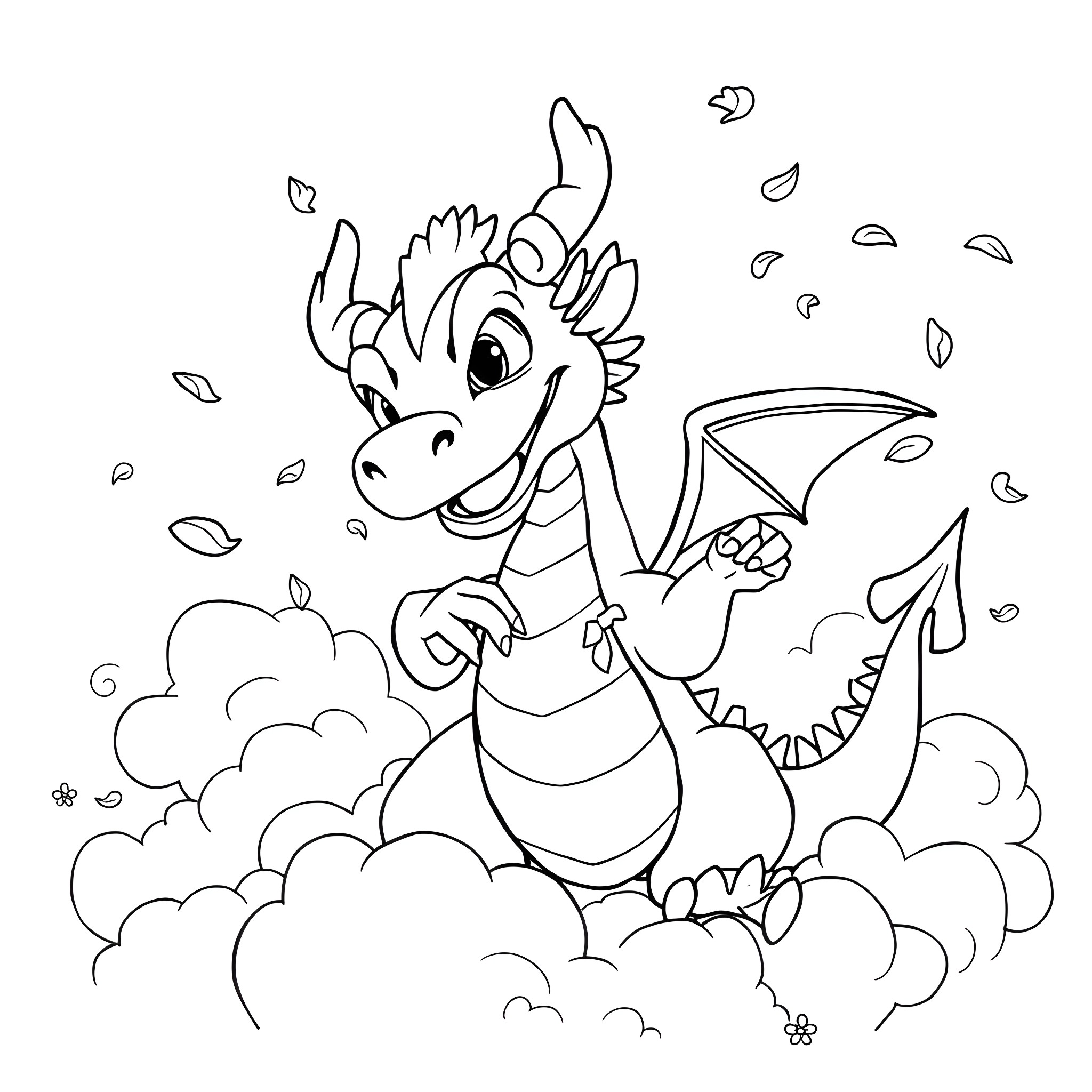 Mushu the dragon playing in the clouds Coloring Page (free black-and-white line drawing printable PDF for all, from beginners to advanced learners, including children, teens, adults, and seniors)