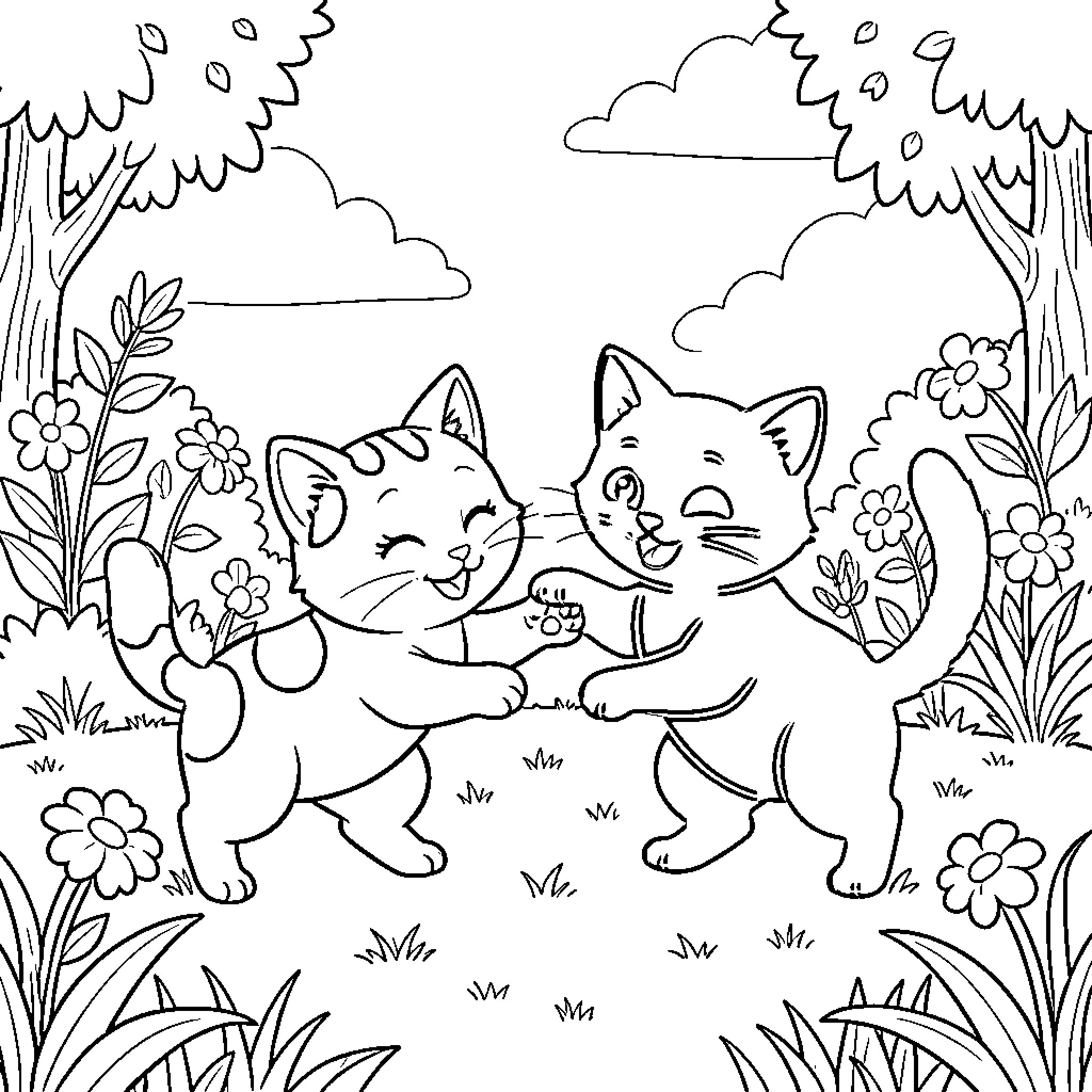 Cats playing in the garden Coloring Page (free black-and-white line drawing printable PDF for all, from beginners to advanced learners, including children, teens, adults, and seniors)