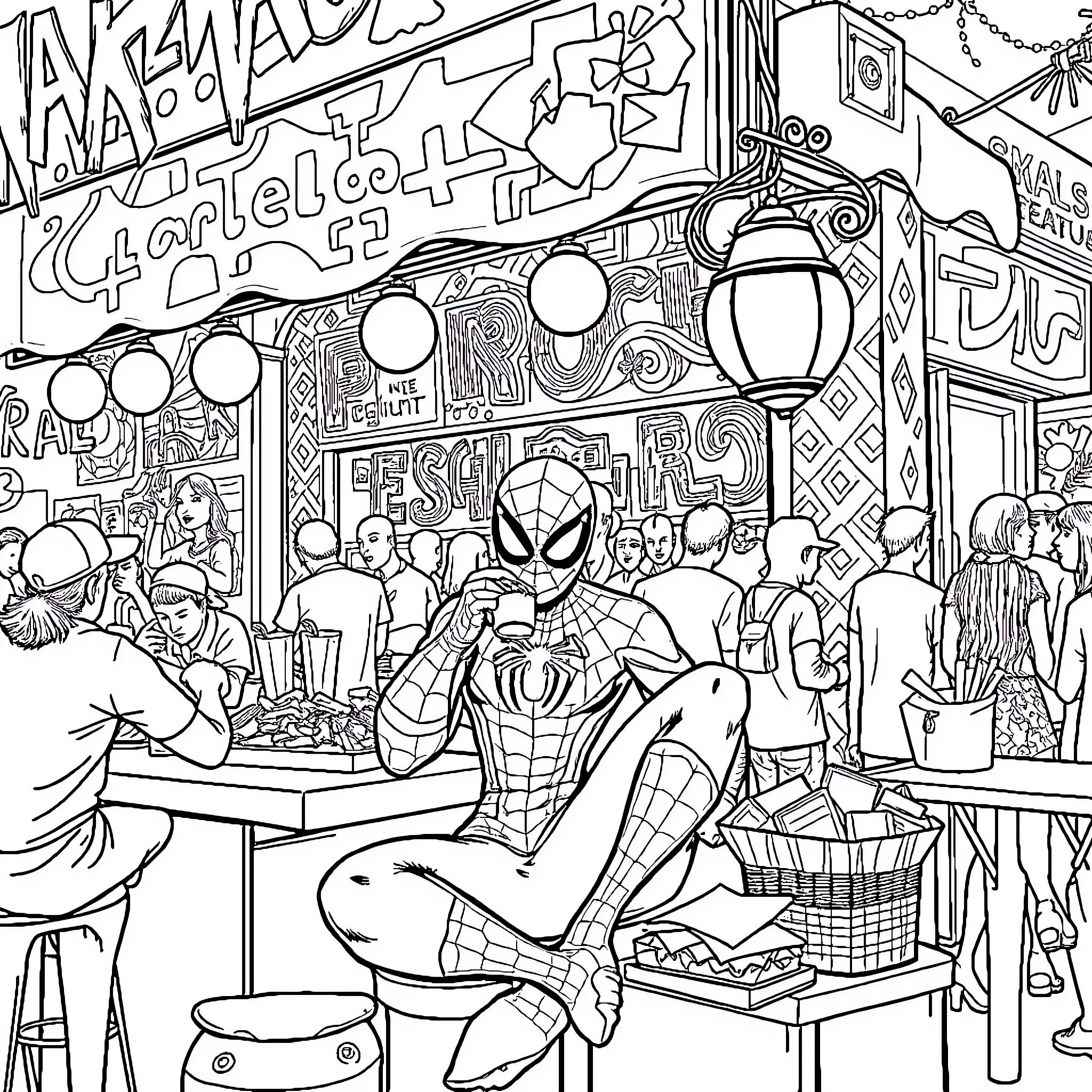 Spider-Man enjoying a street festival with crowds Coloring Page (free black-and-white line drawing printable PDF for all, from beginners to advanced learners, including children, teens, adults, and seniors)