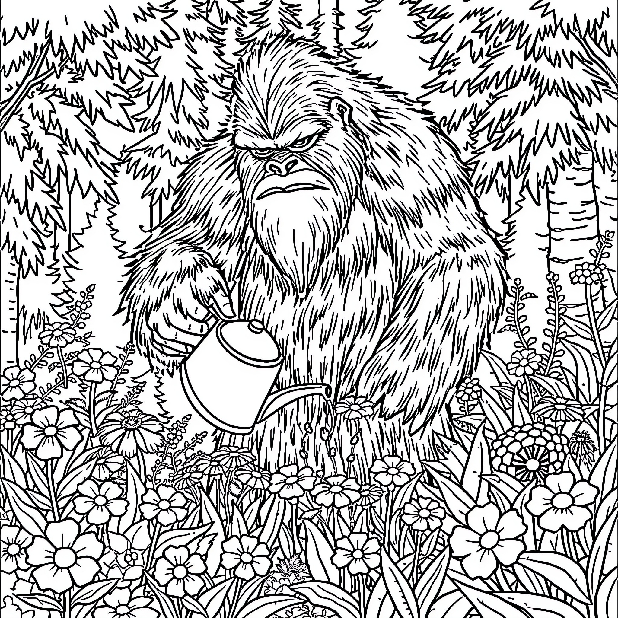 Bigfoot foraging in the lush forest Coloring Page (free black-and-white line drawing printable PDF for all, from beginners to advanced learners, including children, teens, adults, and seniors)