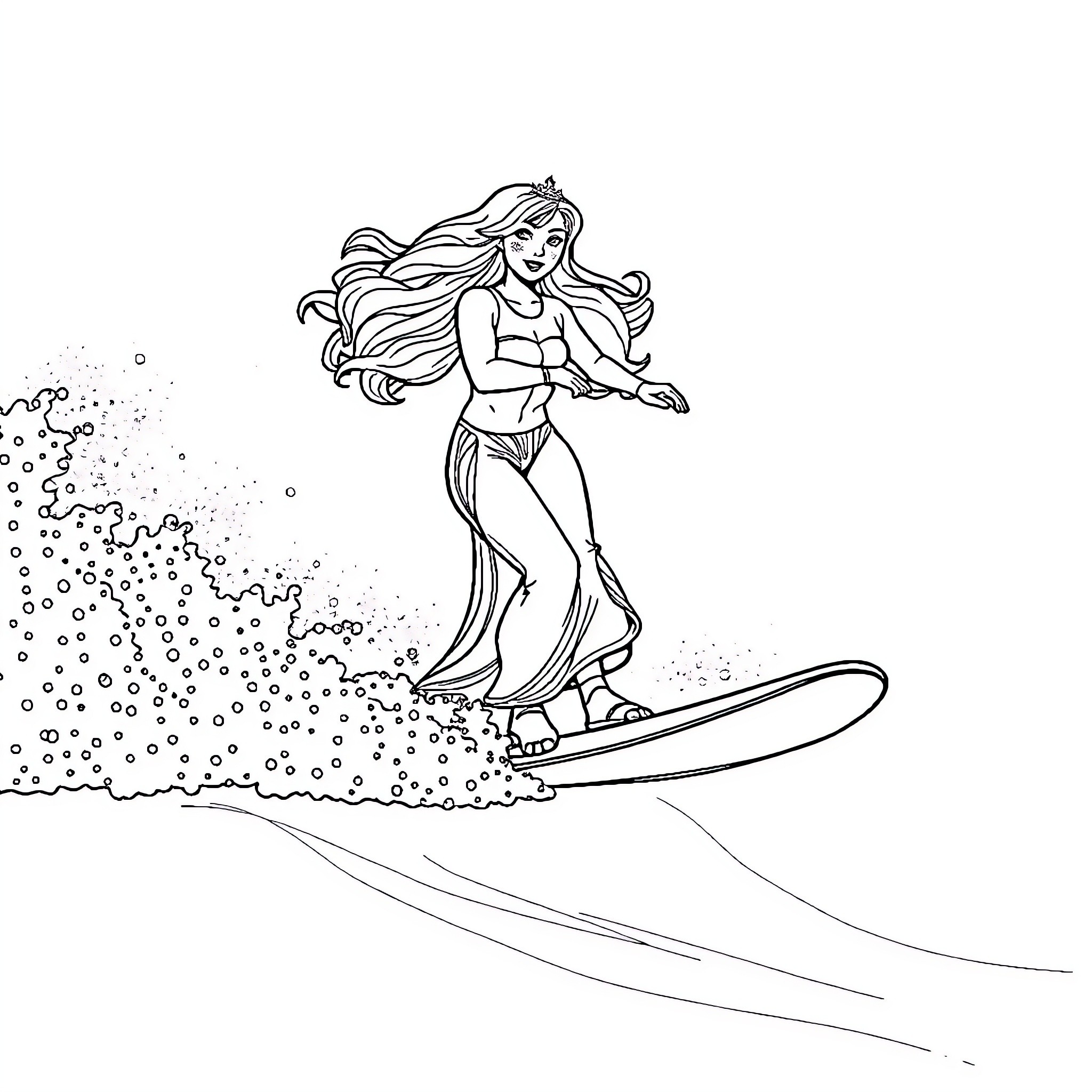 Reine des Neiges - Surfer in the ocean Coloring Page (free black-and-white line drawing printable PDF for all, from beginners to advanced learners, including children, teens, adults, and seniors)