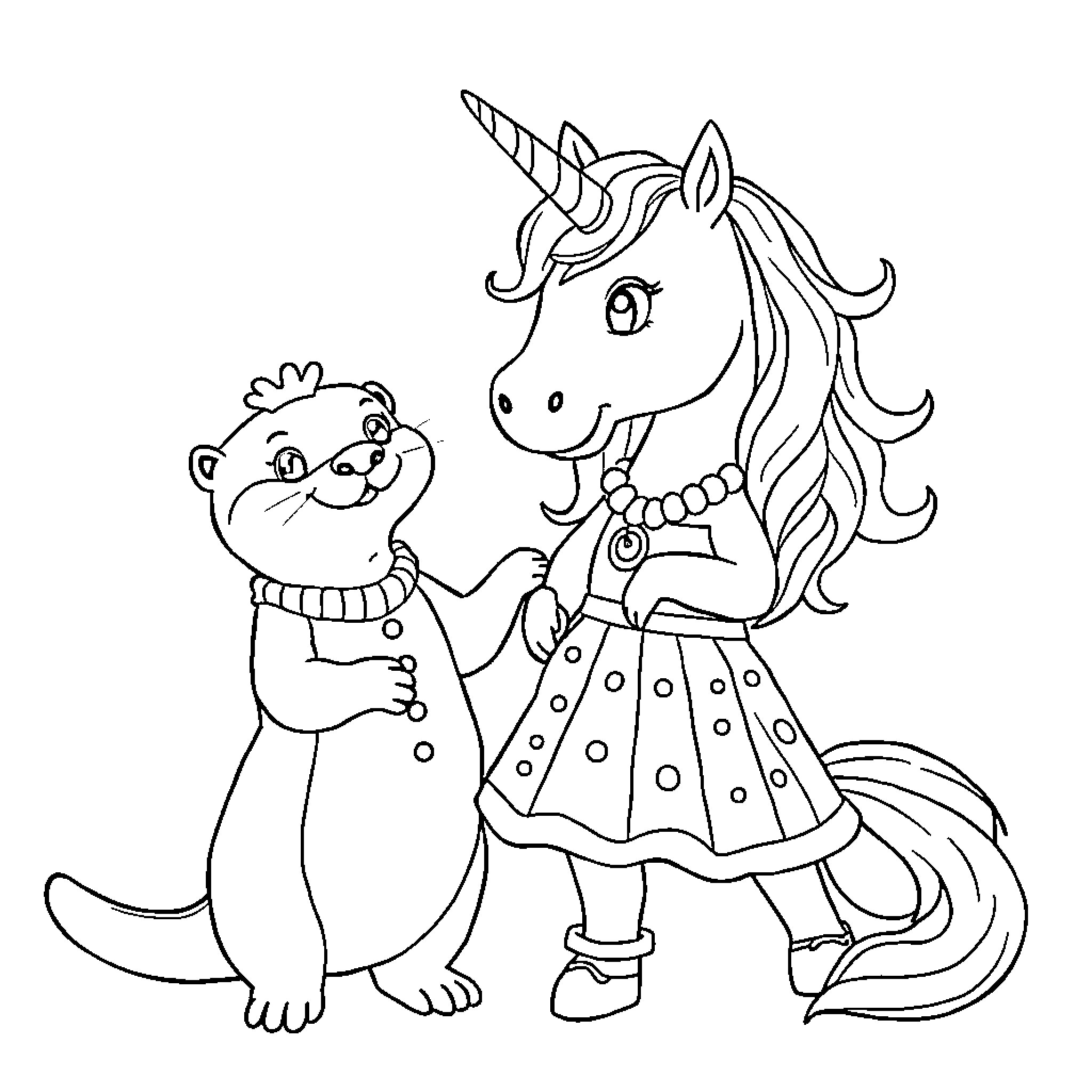 Otter and Unicorn Friends at the Ball Coloring Page (free black-and-white line drawing printable PDF for all, from beginners to advanced learners, including children, teens, adults, and seniors)